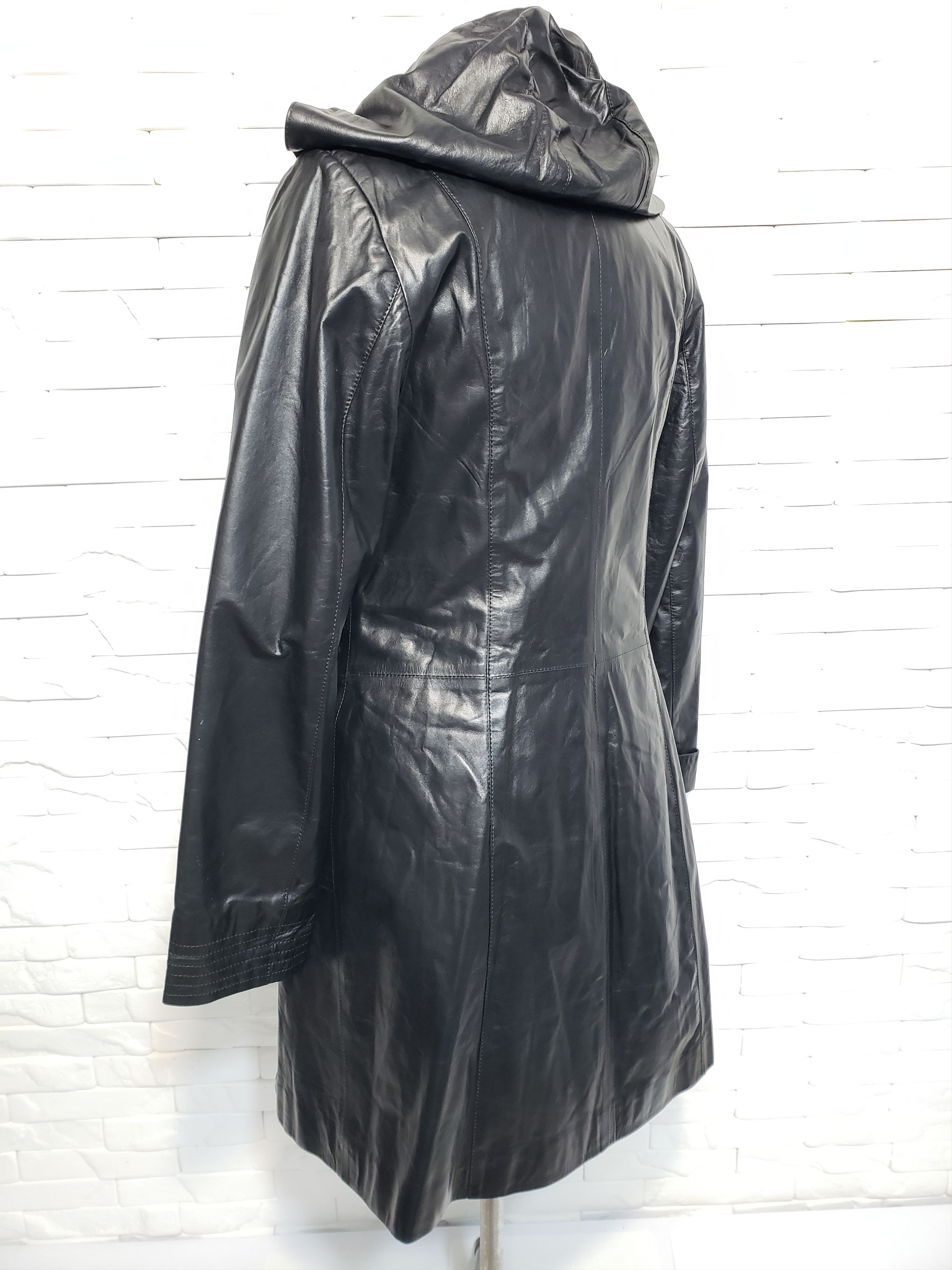 Genuine Leather Black women's jacket with a hood. Size L / US 10 / IT 46 - 6 Thumbnail