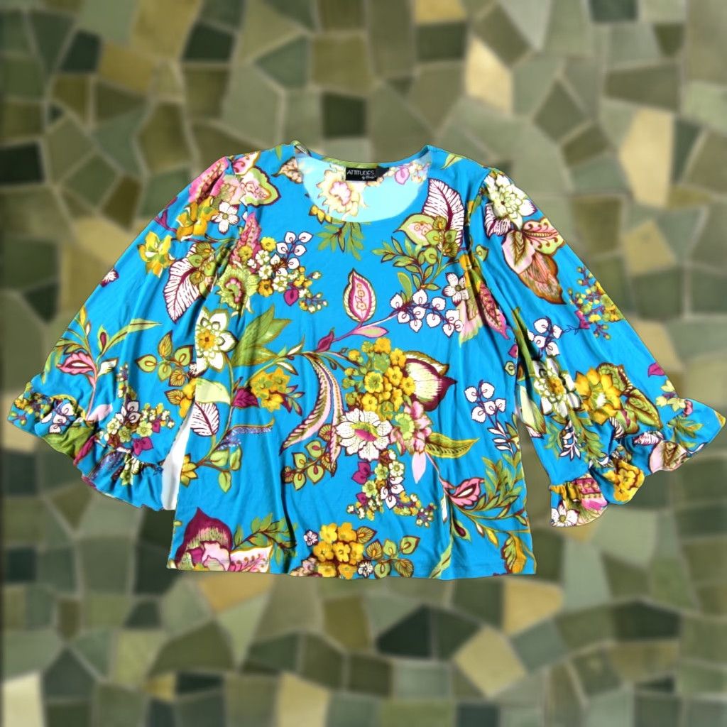 Vintage ATTITUDES Blouse Tunic XL Blue Floral Ruffle Sleeve 3/4 Sleeve Round Neck Women Blouse XL Blue Floral Stretch Attitudes Tunic Top Clothing Size XL / US 12-14 / IT 48-50 - 1 Thumbnail