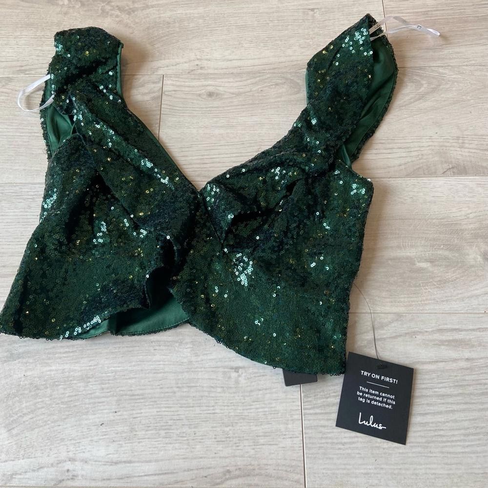 Designer Sparkling Green Sequin Dress with Ruffle Top Size M / US 6-8 / IT 42-44 - 3 Thumbnail