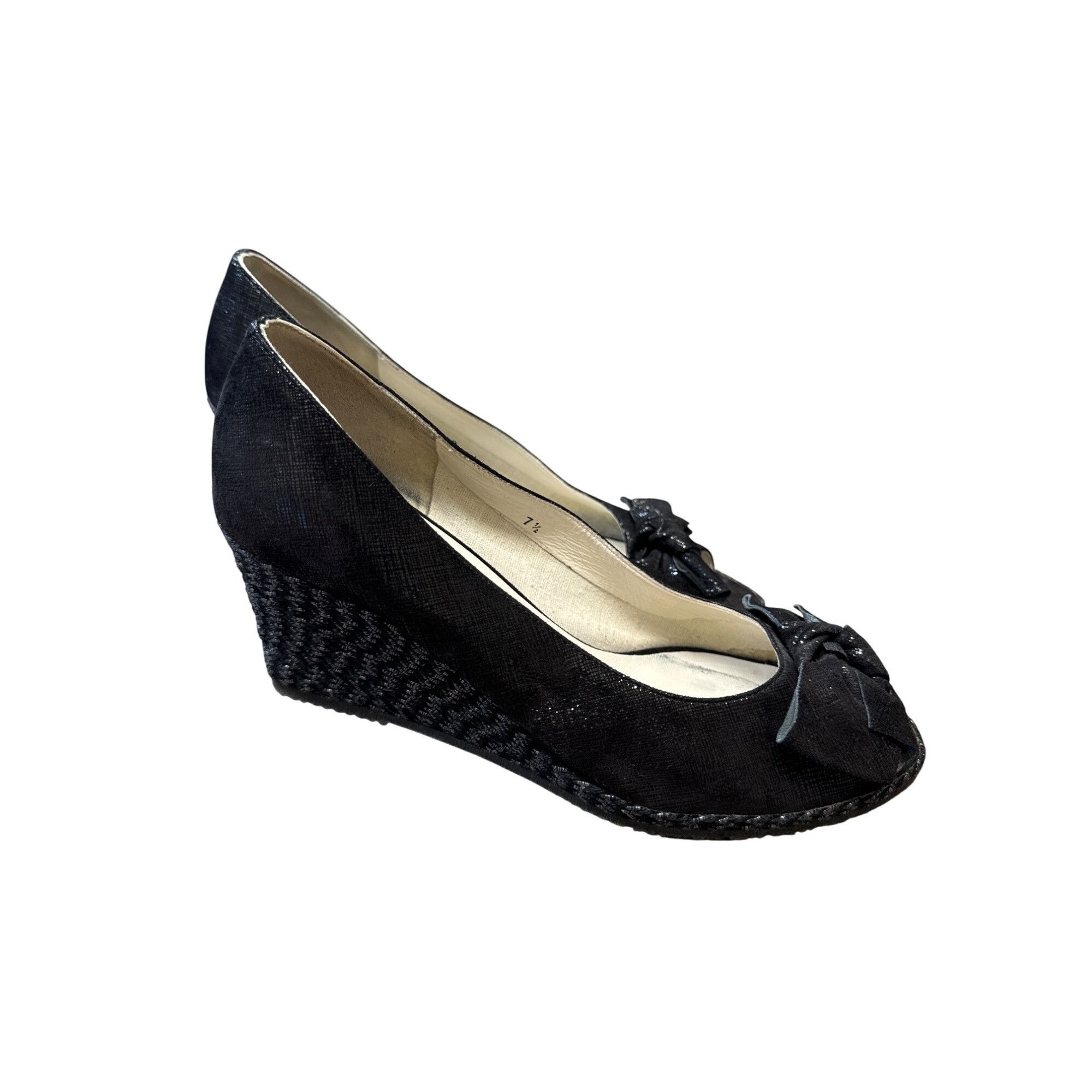 Designer J. Peterson Womens Black Leather Peep-Toe Wedge Heels Size 7 Size US 7.5 / IT 37.5 - 4 Thumbnail