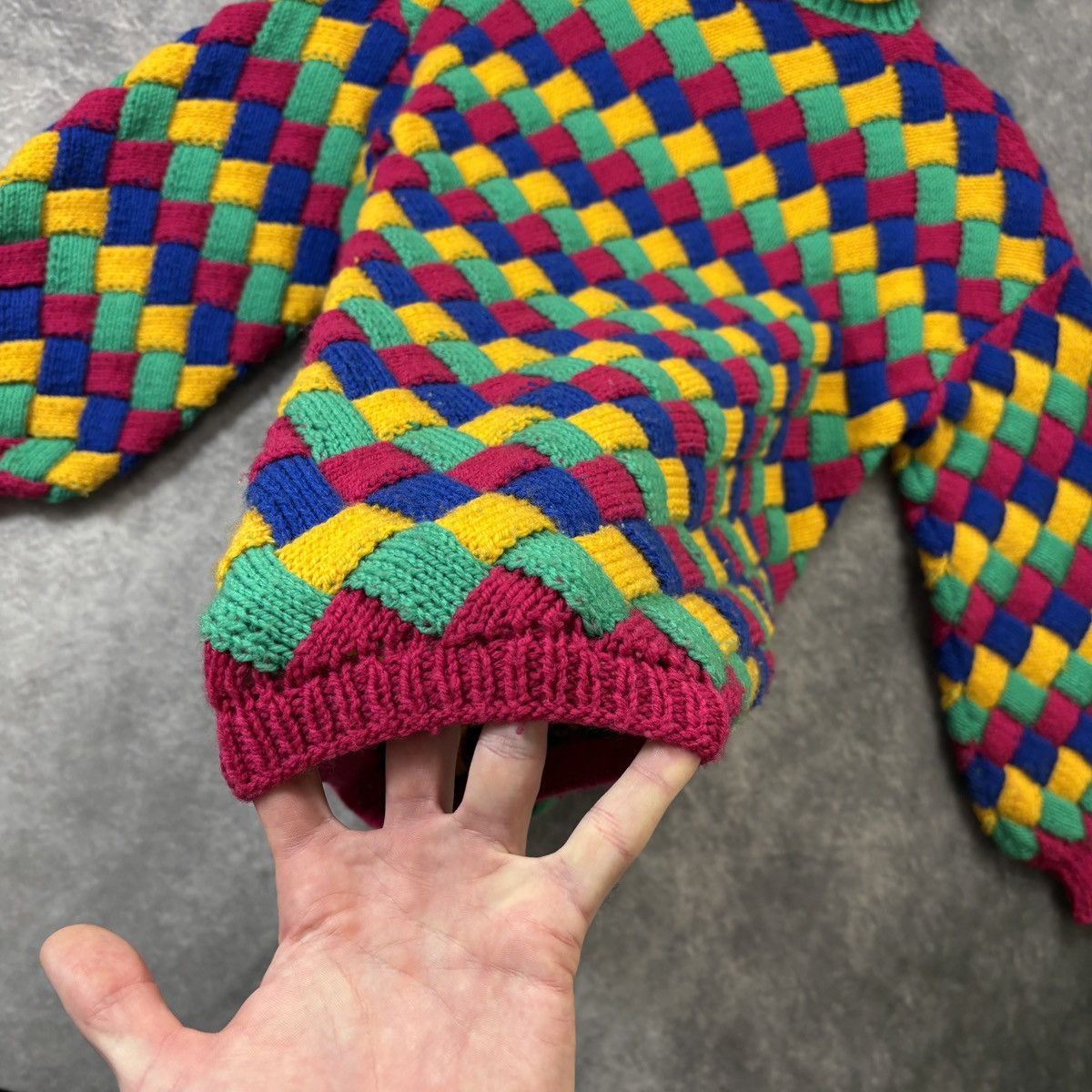 Vintage 1980s Hand Knit Sweater Vintage Patchwork Rainbow Crochet Size US XS / EU 42 / 0 - 6 Thumbnail