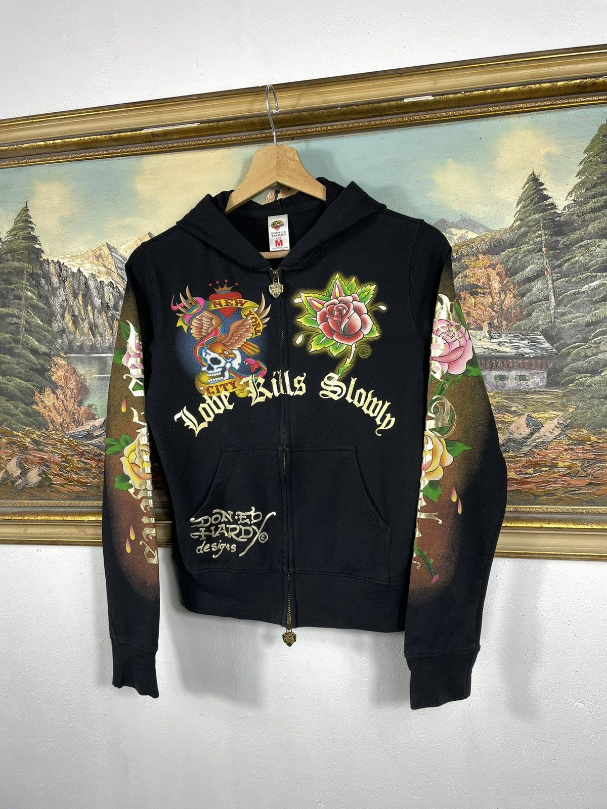 Christian Audigier × Ed Hardy × Vintage Ed Hardy Retro 00s Hoodie With Crystals Affliction Grunge Size US XS / EU 42 / 0 - 3 Thumbnail