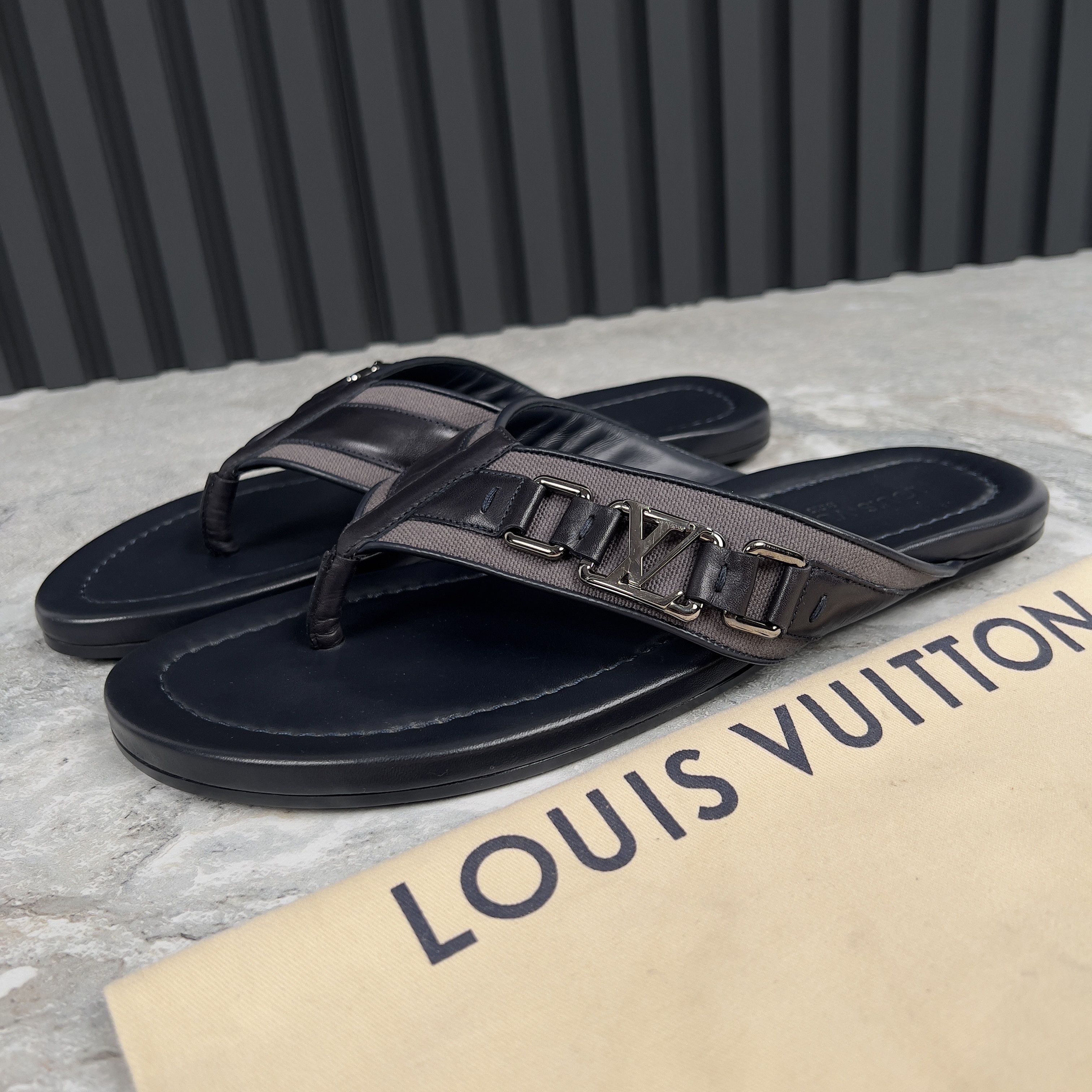 Louis Vuitton Thong Sandals Logo Leather in Blue, Men's (Size 9.5)