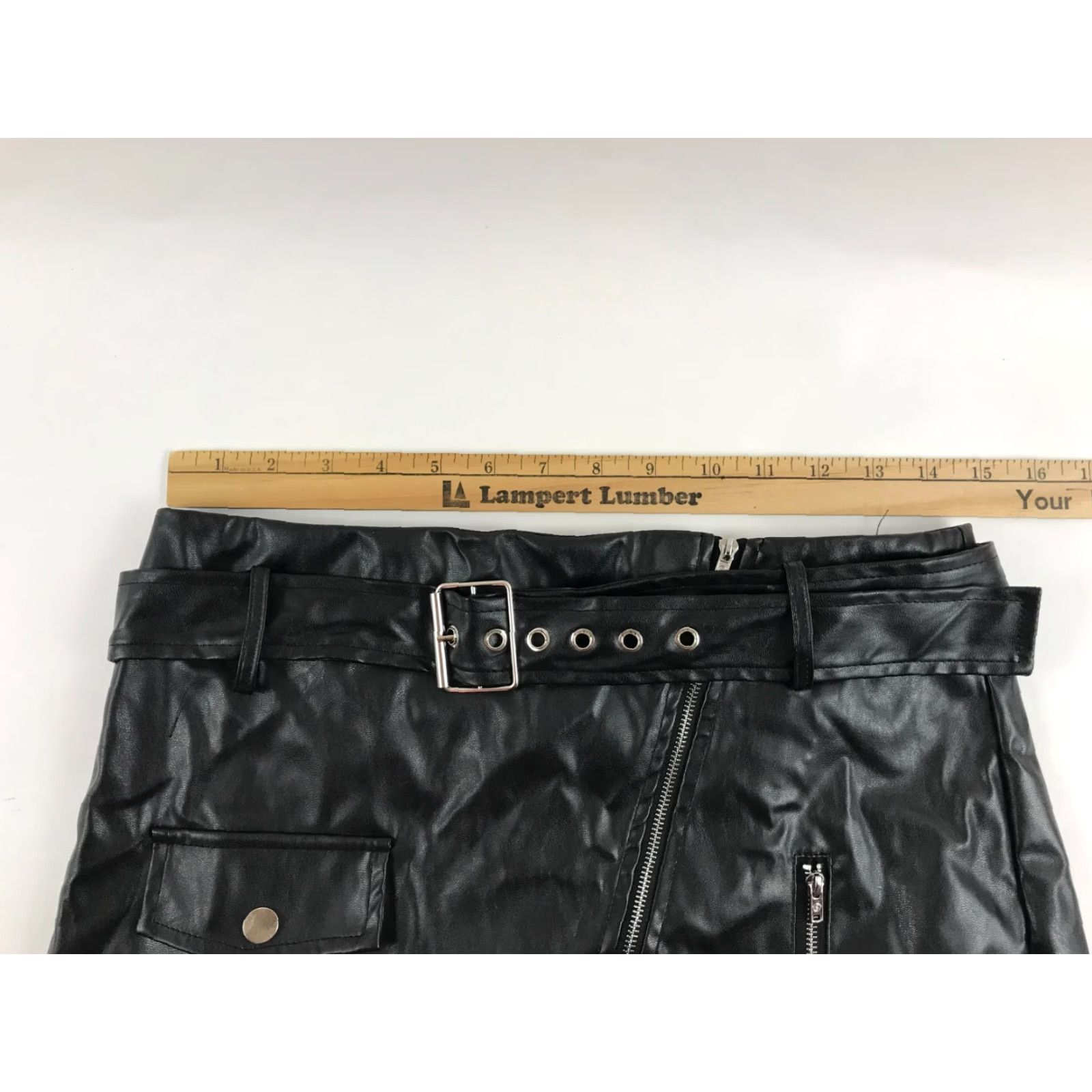 Shein SheIn Skirt Women L Black Faux Leather A-Line Zip Pockets Belted Size 36" / US 14 / IT 50 - 3 Thumbnail