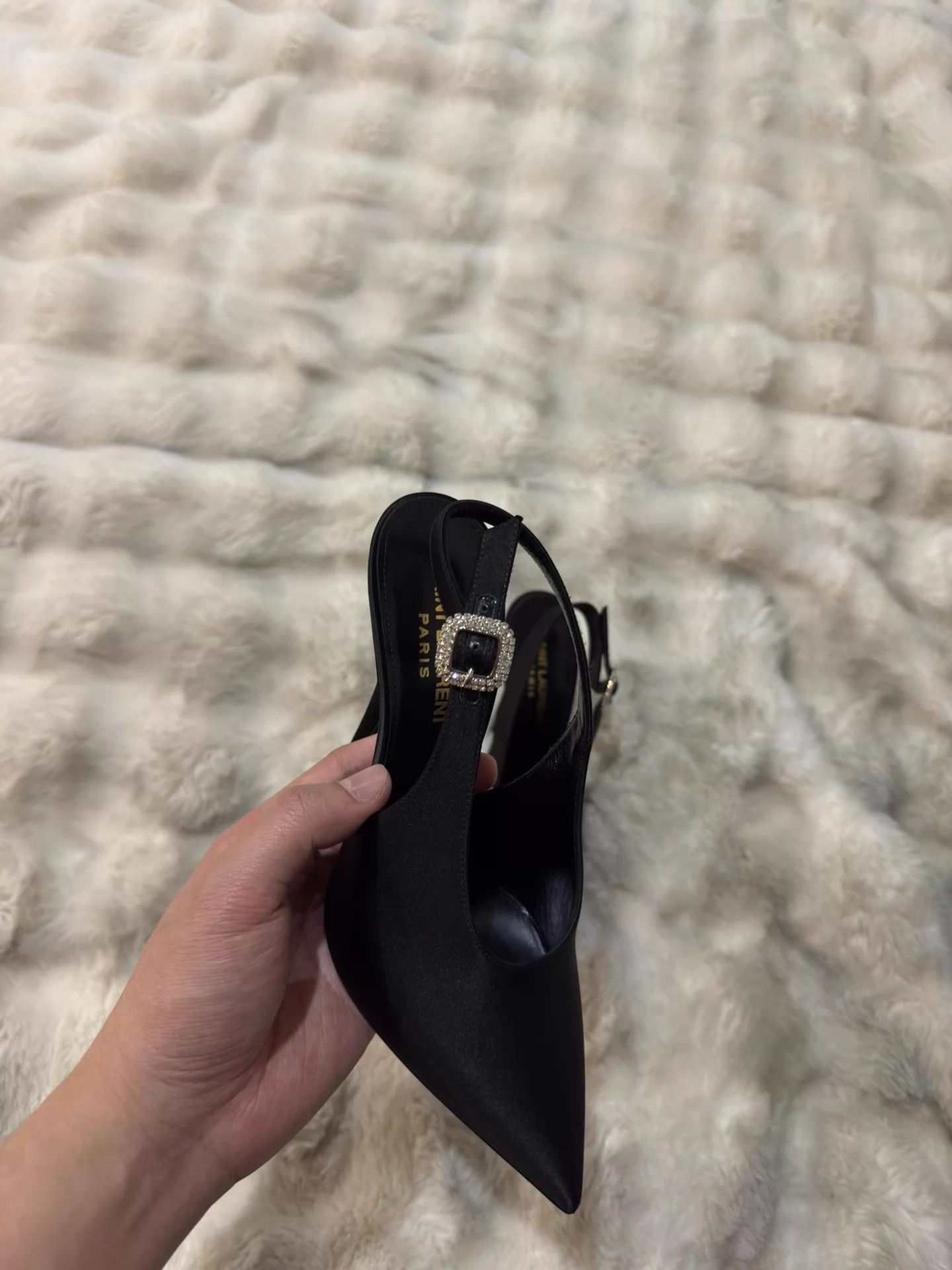 Saint Laurent Paris Saint Laurent New Black Satin Crystal Heels 37 Size US 6.5 / IT 36.5 - 9 Thumbnail