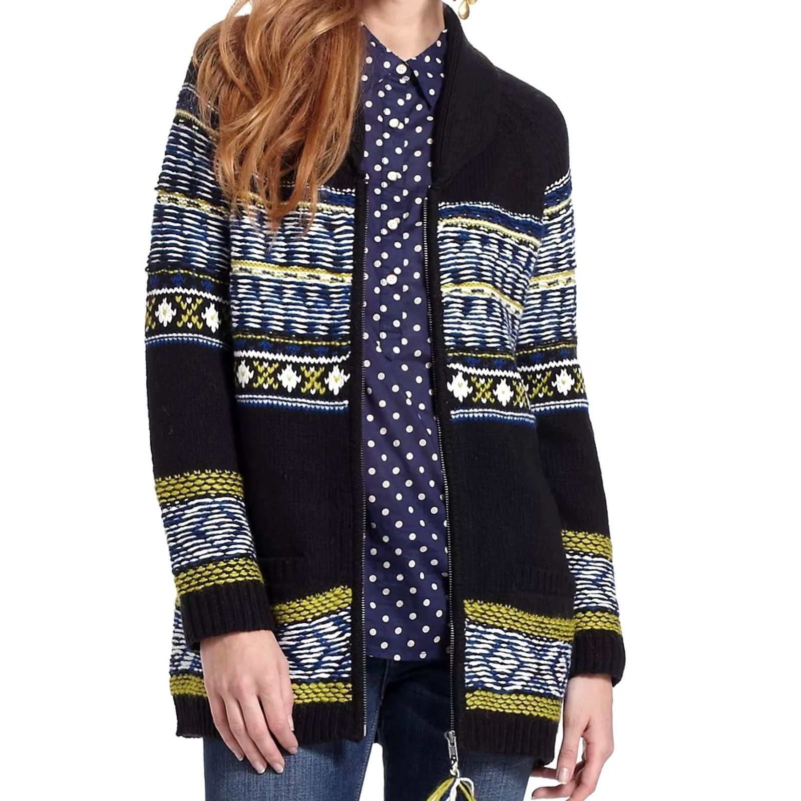 Arrow Sparrow Sweater Cardigan Womens XS Full Zip Wool Blend Boho Knit Black Long Sleeve Patch Pockets Zipper Tassel Size XS / US 0-2 / IT 36-38 - 2 Thumbnail