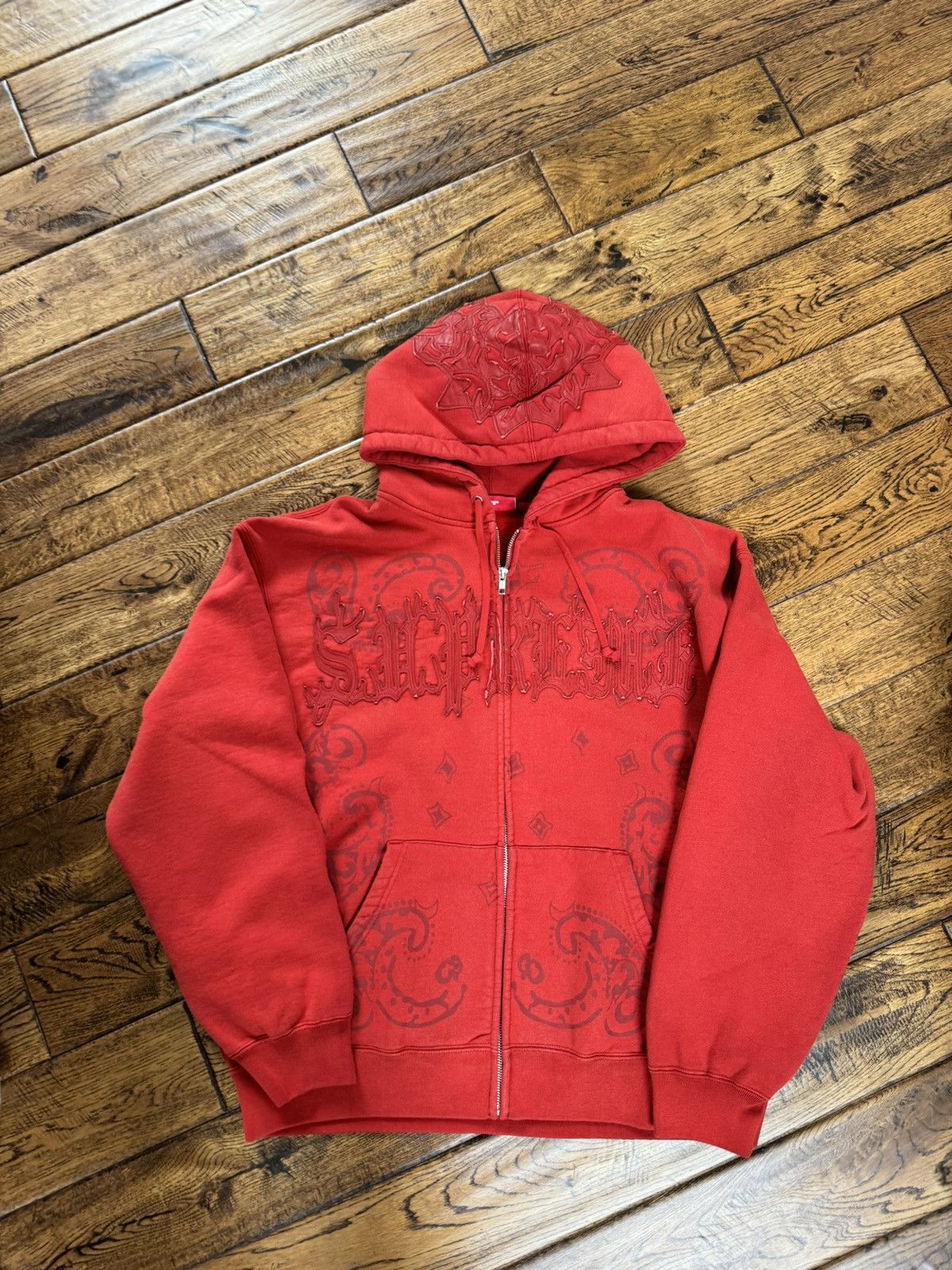 【Supreme】Leather Applique Zip Up Hooded Sweatshirt Red Buy Supreme Leather Appliqué Zip Up Hooded Sweatshirt 'Burnt