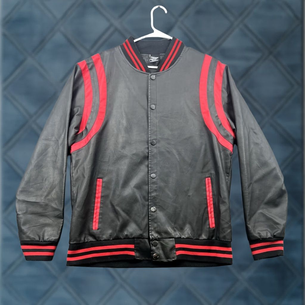 Ring Of Fire Ring Of Fire Jacket Men's XL Black Faux Leather Varsity Snap Red Stripes 80s 90s Size US XL / EU 56 / 4 - 1 Thumbnail