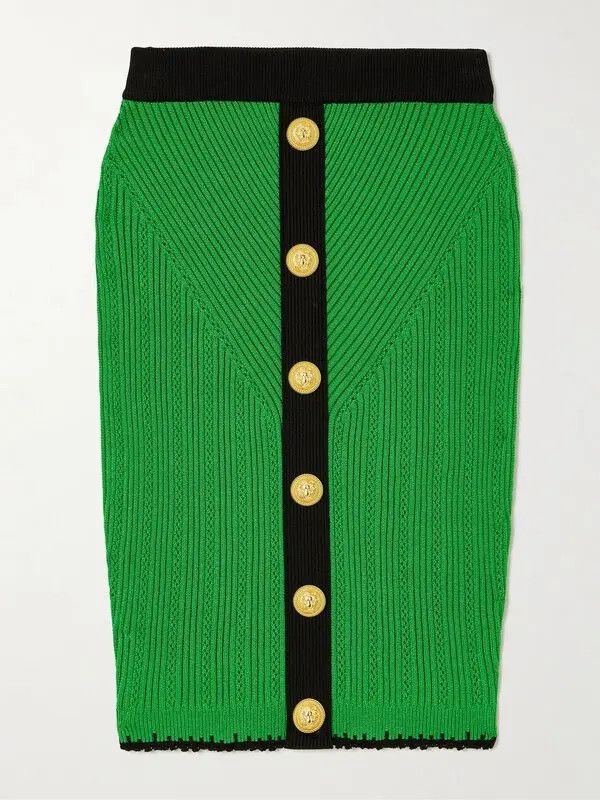 o1s1wg110825 Ribbed Pointelle Knit Mini Skirt in Green