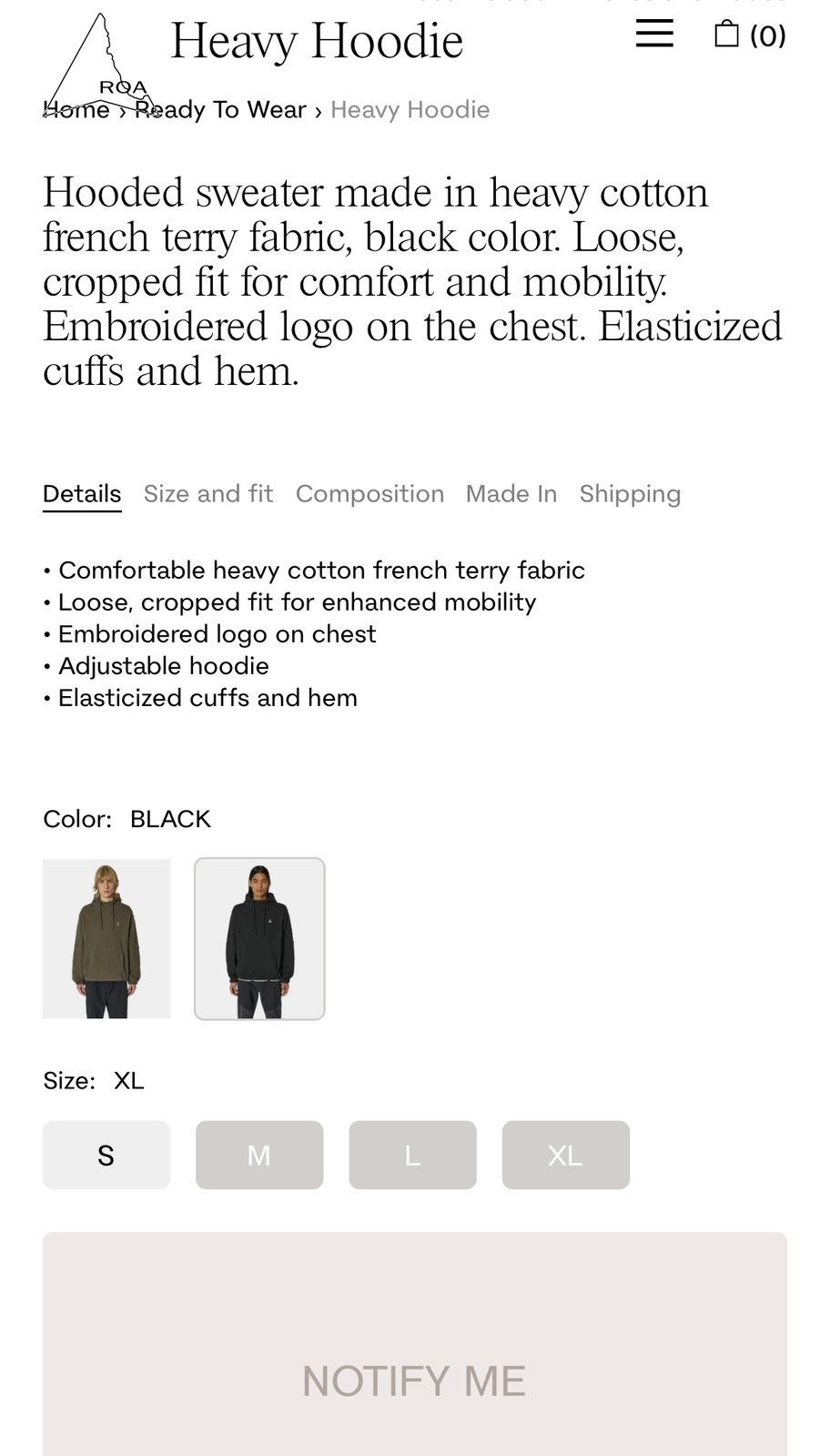 ROA ROA HEAVY HOODiE ARTiCULATED SWEATSHiRT WiDE BOXY CROPPED Size US XL / EU 56 / 4 - 7 Thumbnail