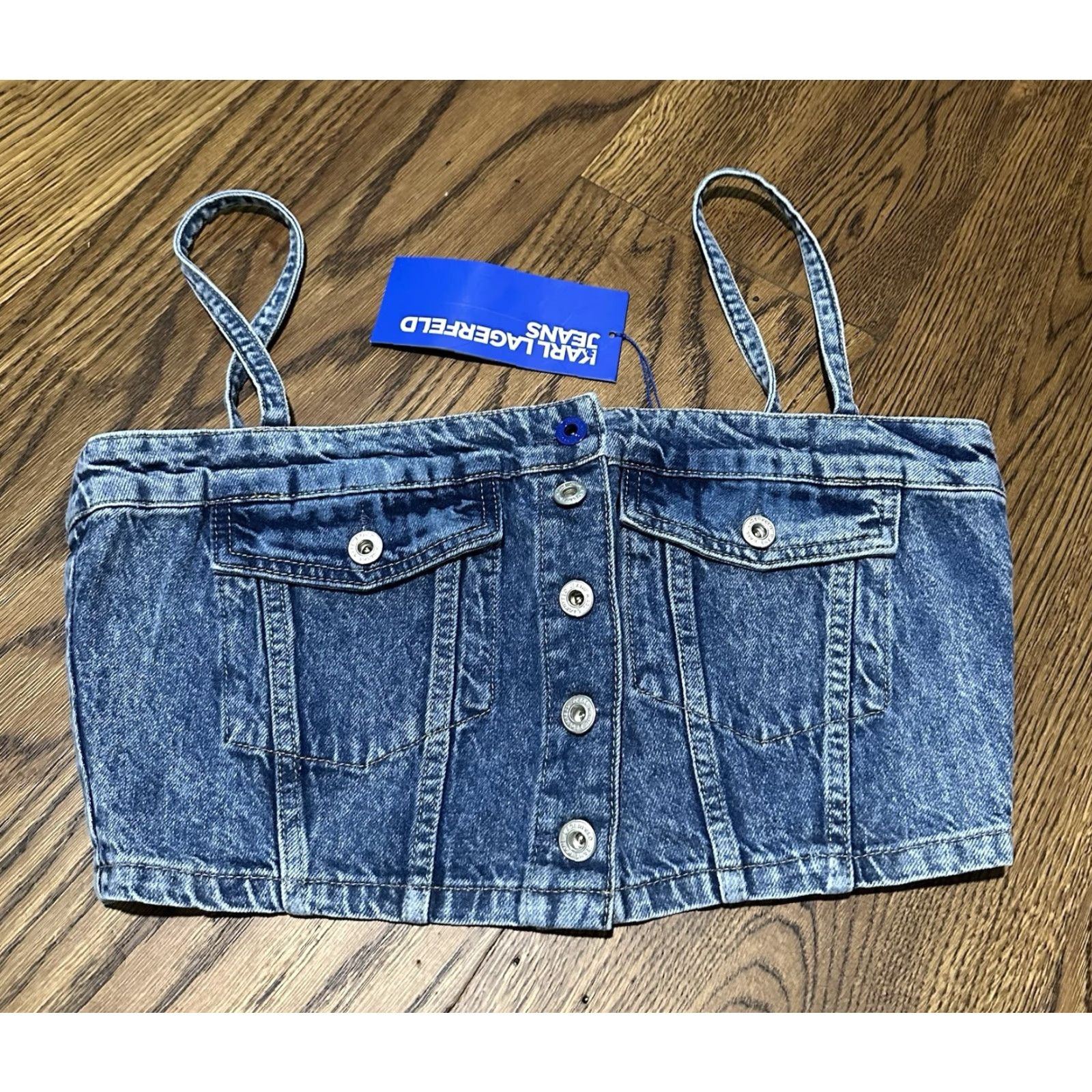 Karl Lagerfeld Karl Lagerfeld Tank Cropped Denim Bandeau Top XL Blue NWT Sleeveless Spaghetti Strap Button 100% Cotton Modern Casual Womens Shirt Size XL / US 12-14 / IT 48-50 - 2 Thumbnail