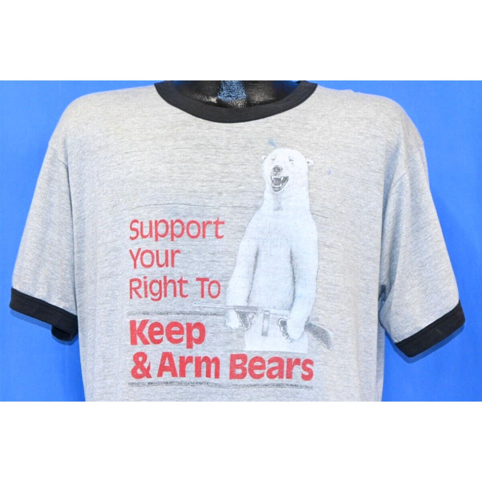 image of Vintage 80's Support Your Right To Keep & Arm Bears Gray Funny Ringer T-Shirt XL in White, Men's