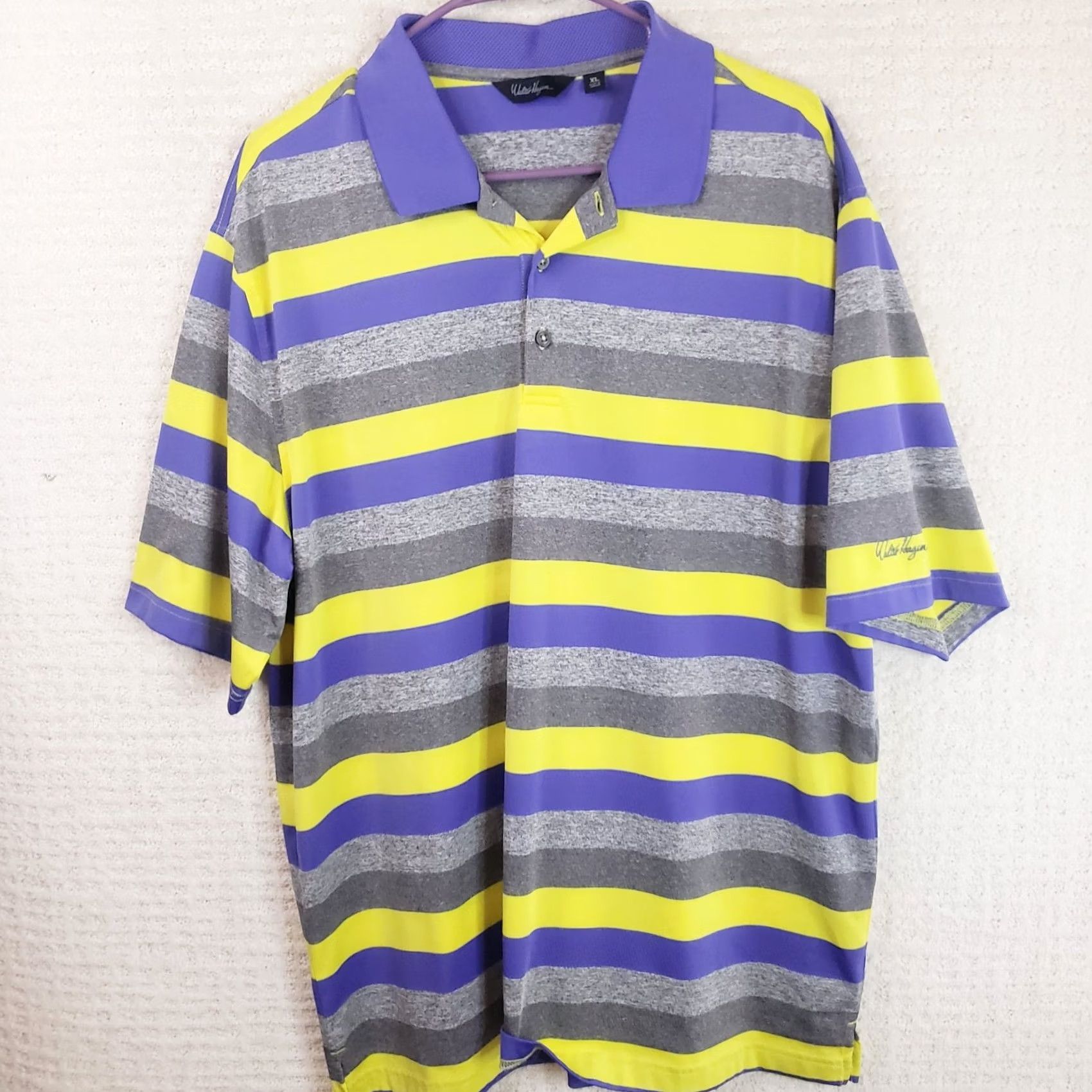 Vintage Walter Hagen Shirt Mens XL Purple Yellow Striped Polo Golf Casual Short Sleeve Size US XL / EU 56 / 4 - 2 Thumbnail