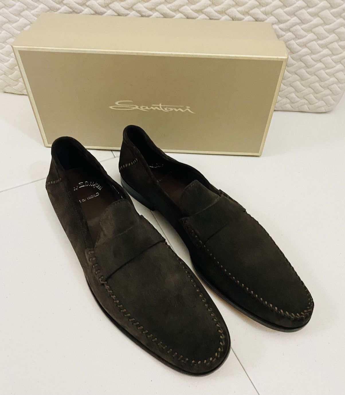 Santoni Santoni Chocolate Suede Tonal Stitched Apron Loafer 12 NEW Size US 12 / EU 45 - 13 Thumbnail