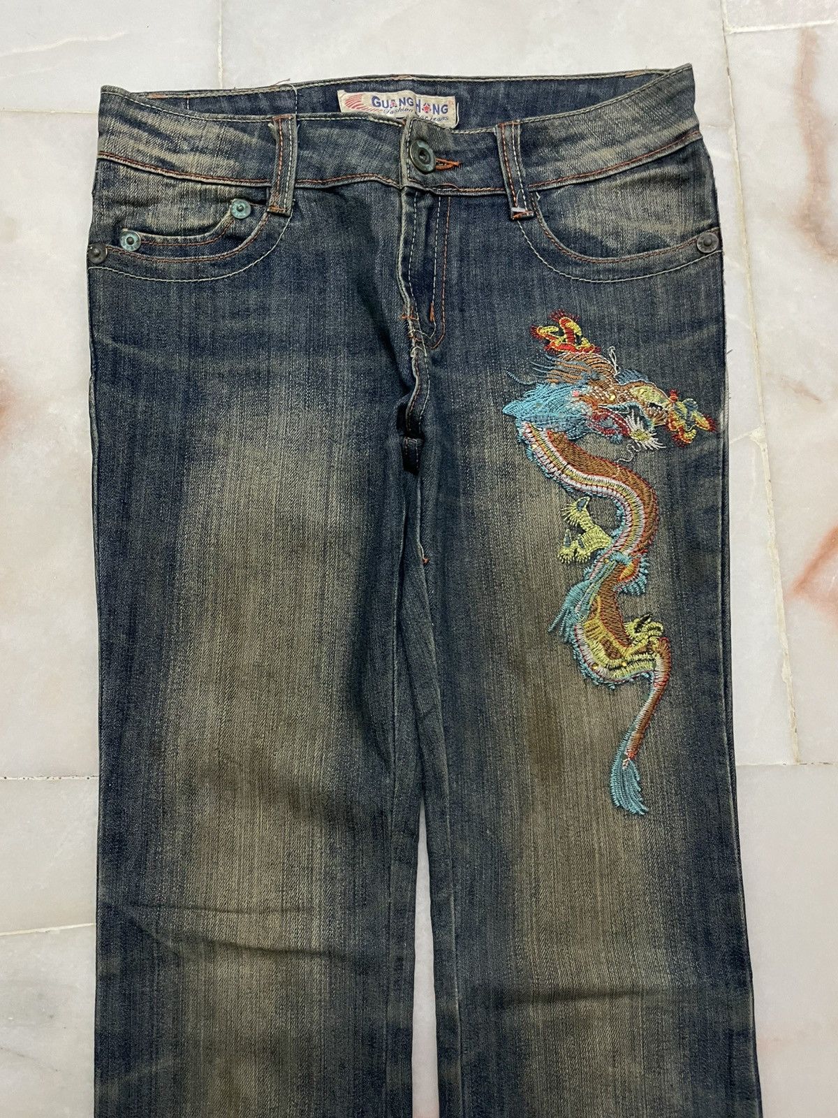 Seditionaries 💥Flared💥🇯🇵 Mudwash Tattoo Dragon Embroidery Bootcut Jean Size 28" / US 6 / IT 42 - 3 Thumbnail