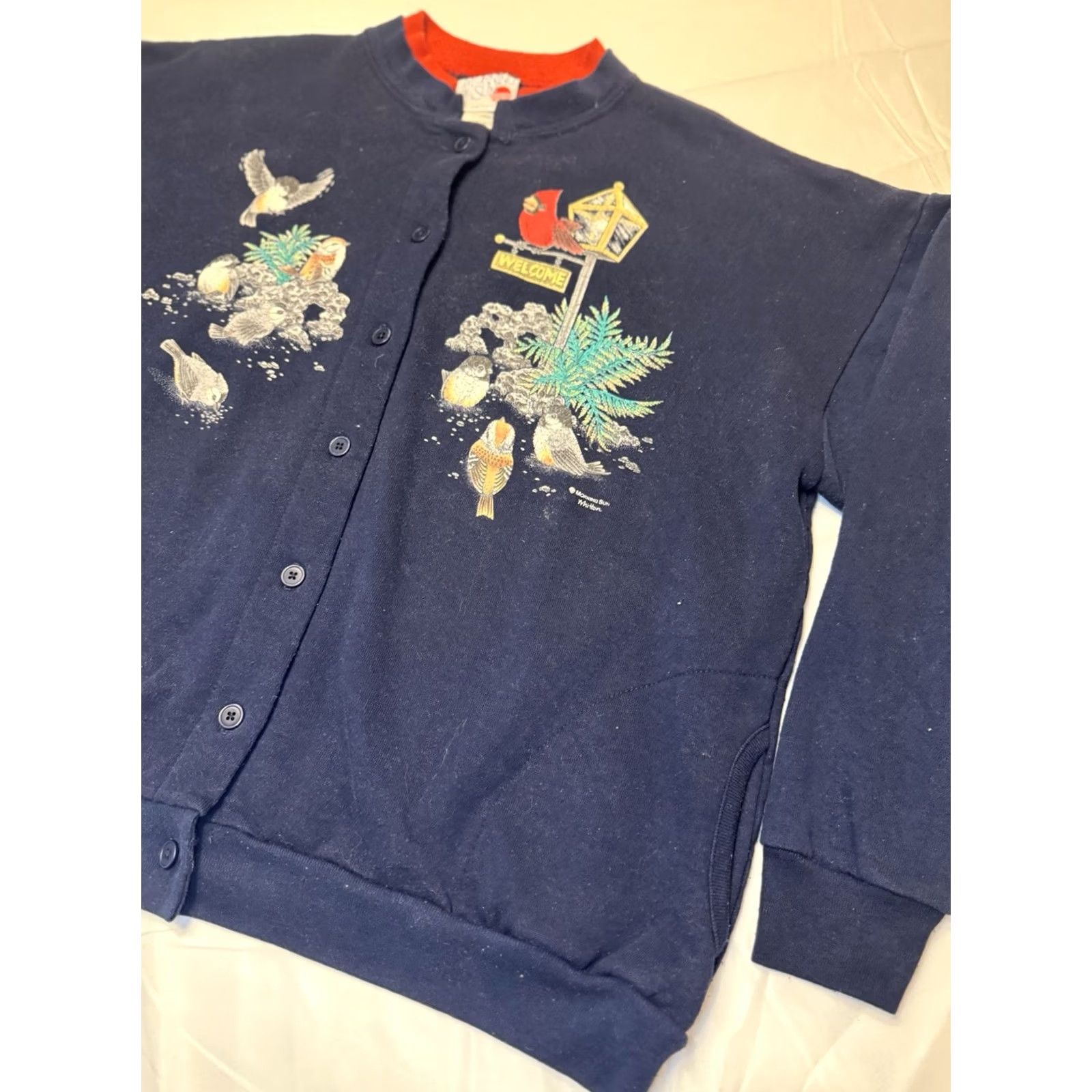 Vintage VINTAGE Morning Sun Sweater Womens XL Blue 90s Leaves Cardinal Bird Collared Size XL / US 12-14 / IT 48-50 - 2 Thumbnail