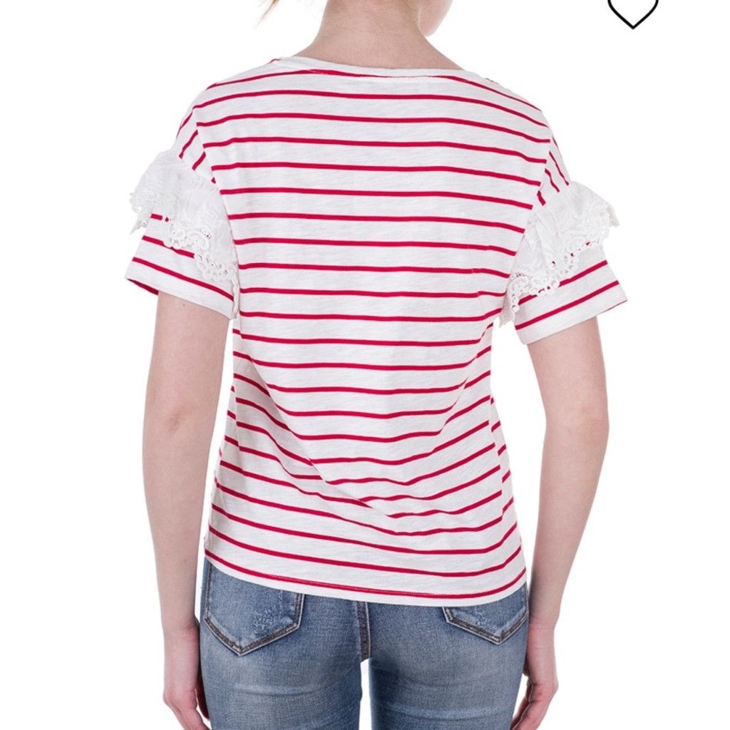 Other OUI Striped Cotton Red White T-Shirt Lace Boat Round Size 8 Size M / US 6-8 / IT 42-44 - 3 Thumbnail