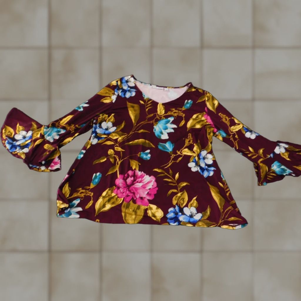 Vintage Susan Graver Shirt Womens XL Burgundy Floral Bell Sleeve Stretch Top Blouse Boho Size XL / US 12-14 / IT 48-50 - 1 Thumbnail
