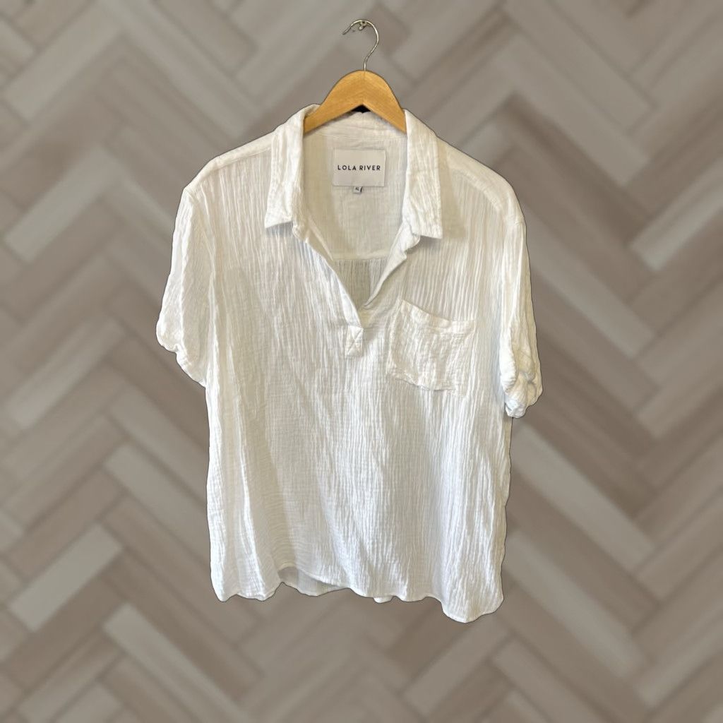 Vintage LOLA River White Ribbed Shirt XL Lagenlook Breathable Button-Up Women X-Large White Ribbed Shirt Lola River Breathable Shirt Size XL / US 12-14 / IT 48-50 - 1 Thumbnail