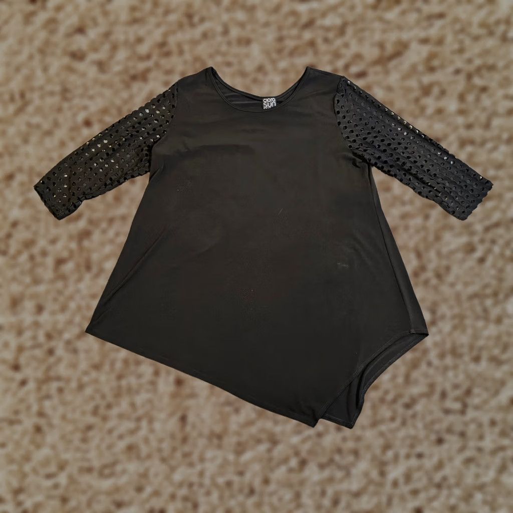 Vintage Clara Sun Woo Top Tunic Women Large Black Asymmetrical Open Knit Sleeves Casual Pattern: Solid Size L / US 10 / IT 46 - 1 Thumbnail
