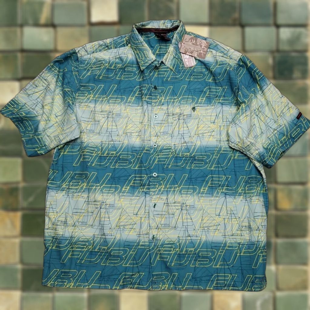 Fubu VINTAGE FUBU Shirt Mens 2XL Teal Green Polyester Streetwear Hip Hop NWT Casual Button-Up Short Sleeve Geometric Pattern Mens Size US XXL / EU 58 / 5 - 1 Thumbnail