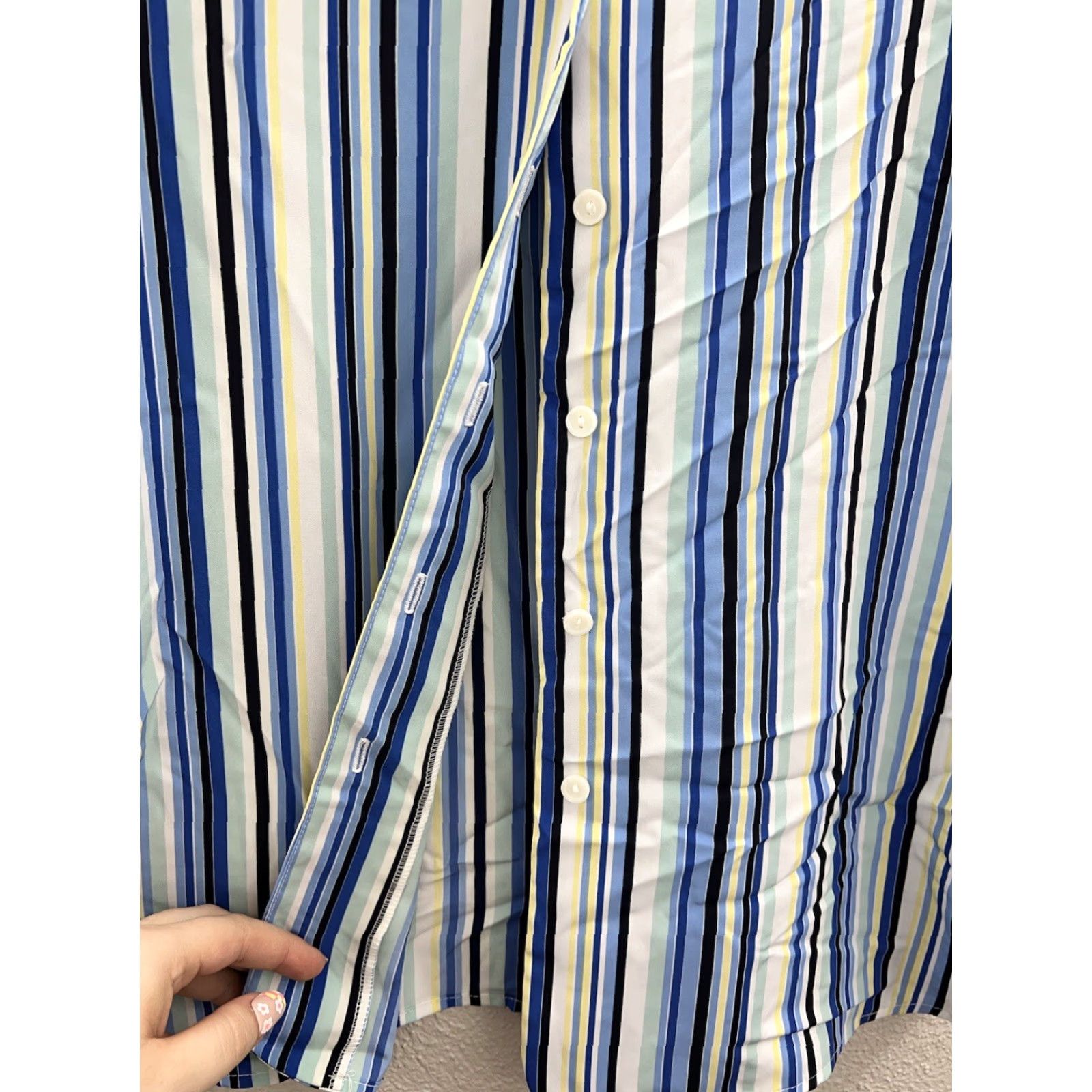 Vintage Womens Liz Baker Shirt Striped Short Sleeve Button Up Blue (Size 10) Size L / US 10 / IT 46 - 4 Thumbnail