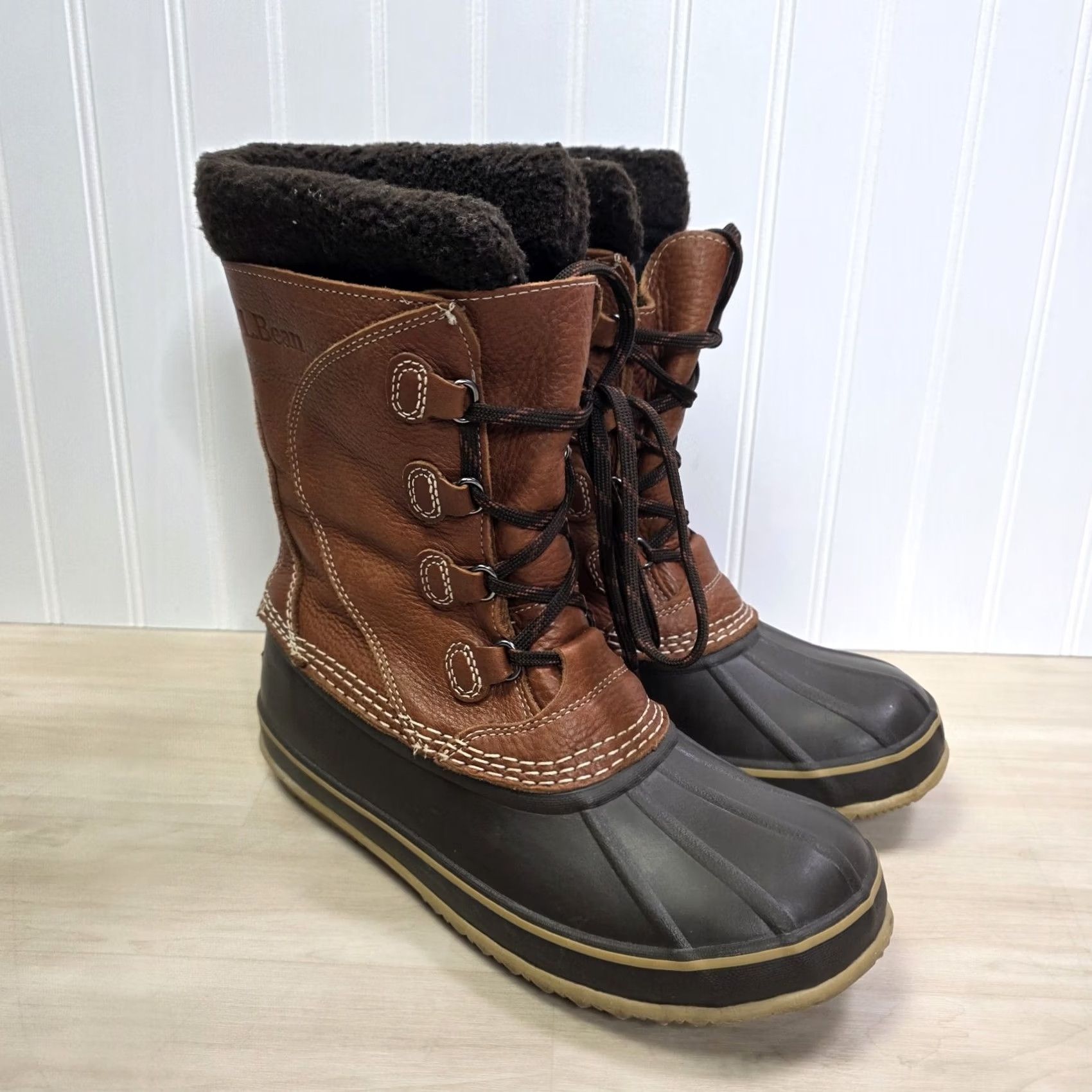 Vintage L.L. Bean Original Tumbled Leather Removable Felt Liner Tall Duck Boots Womens 9 Brown Leather Water Resistant Insulated Lined Lace Up Boots Womens 9 Size US 9 / IT 39 - 3 Thumbnail