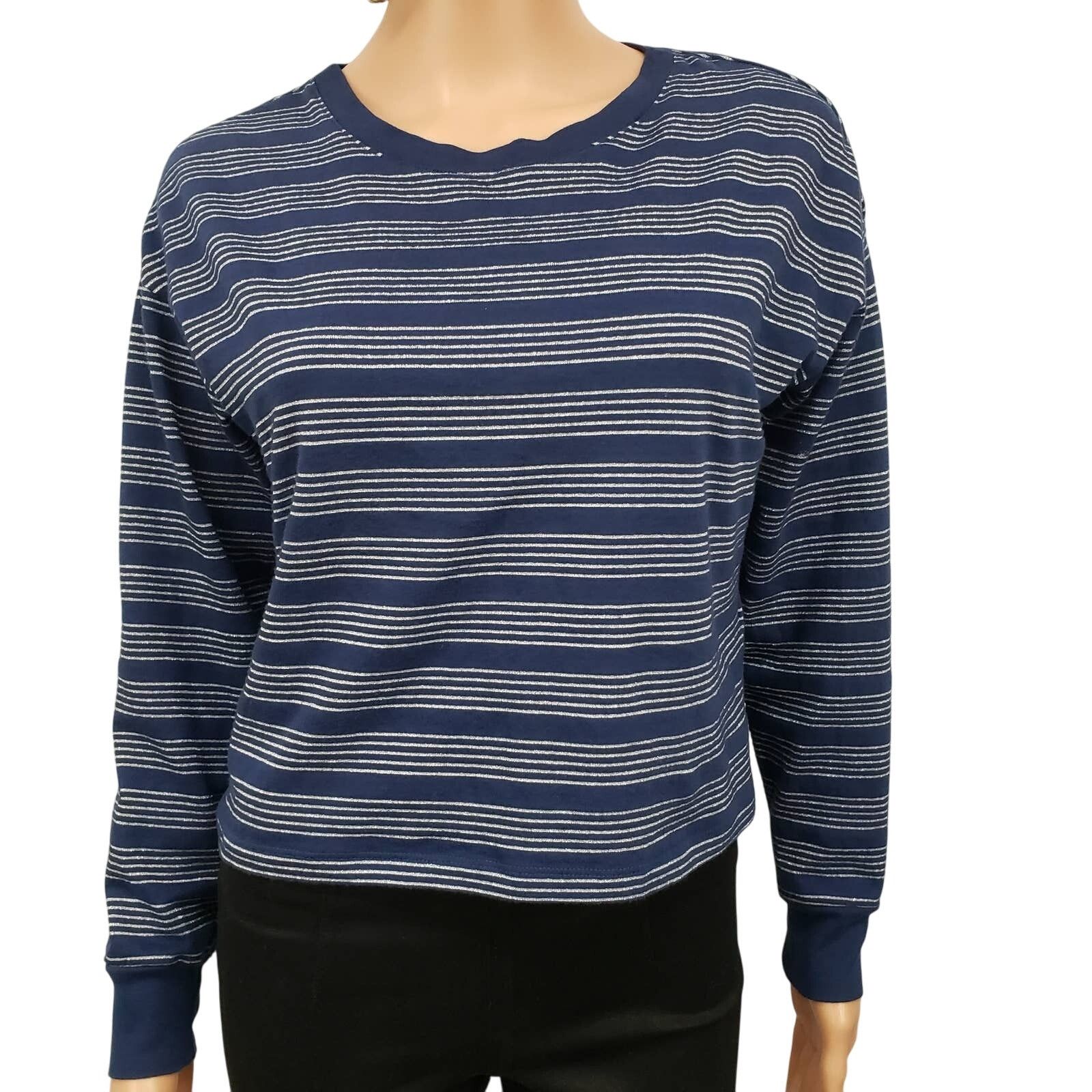 Levi's LEVIS Striped Navy Blue Silver Glitter Tie Back Crop Top Tee Size XS / US 0-2 / IT 36-38 - 7 Thumbnail