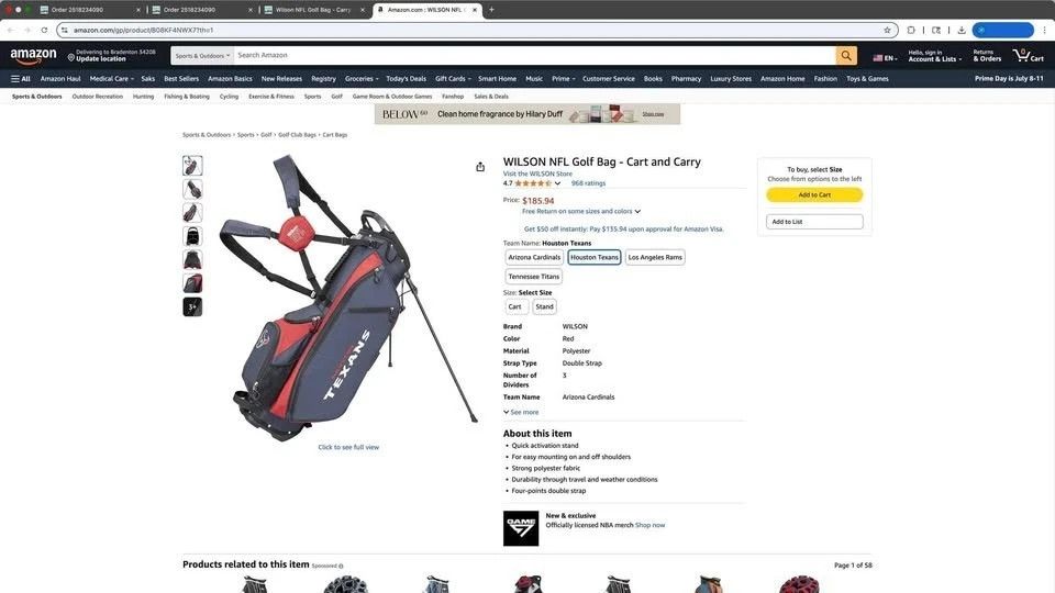 Wilson Wilson NFL Golf Bag - Carry, Houston, Red. Size ONE SIZE - 2 Thumbnail