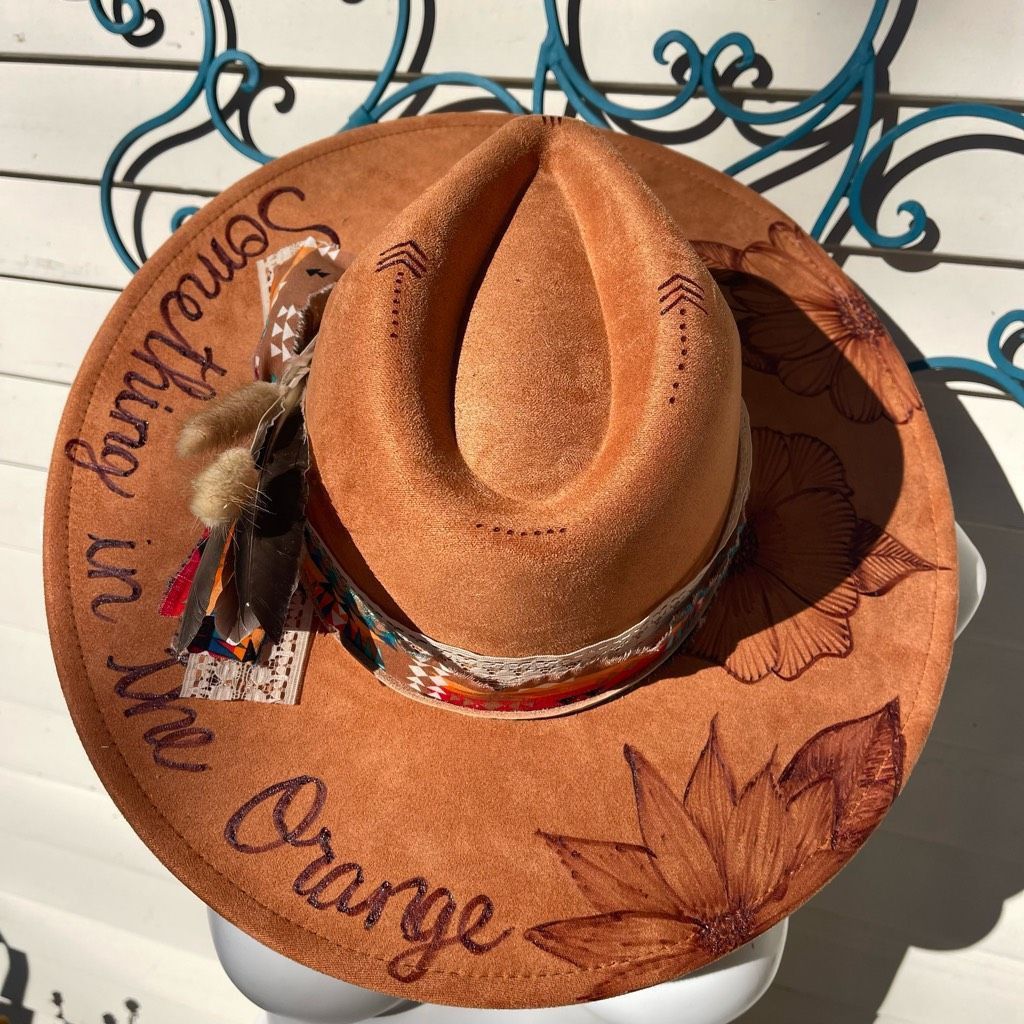 image of Handcrafted Hand Burned Hat | Wide Brim Hat | Branded Hat | Wildflowers in Brown, Women's