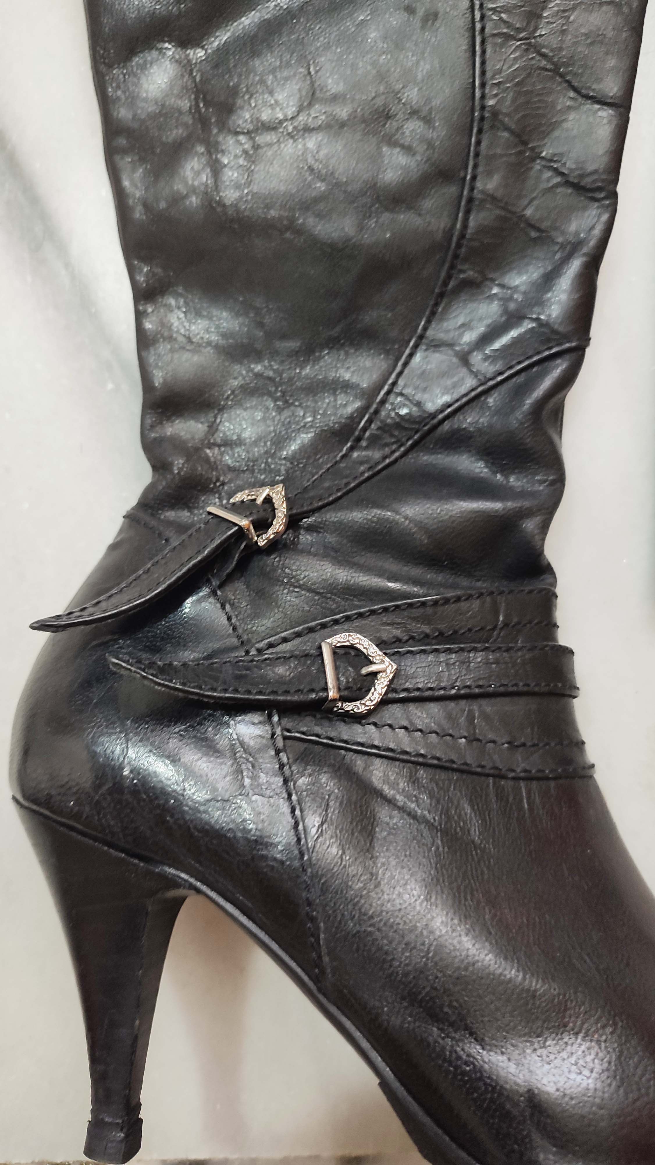 Vintage Vintage Y2k Black Leather Knee High Boots with Buckles Size US 5 / IT 35 - 5 Thumbnail