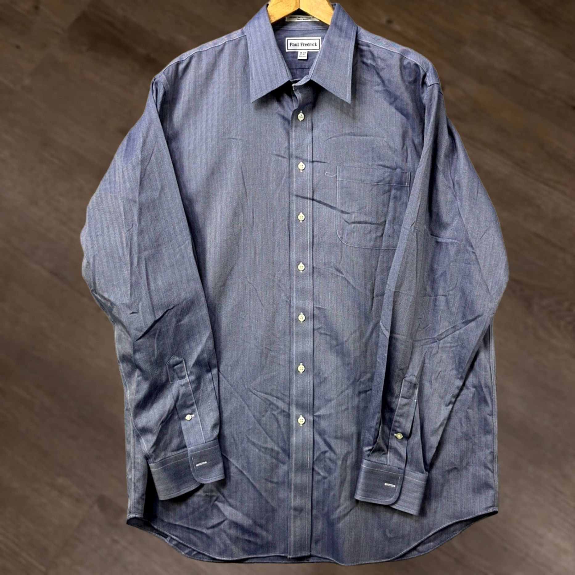 Vintage VINTAGE Paul Frederick Mens Shirt Dress Blue Herringbone Pocket Fast Shipping EUC Size 46R - 1 Thumbnail