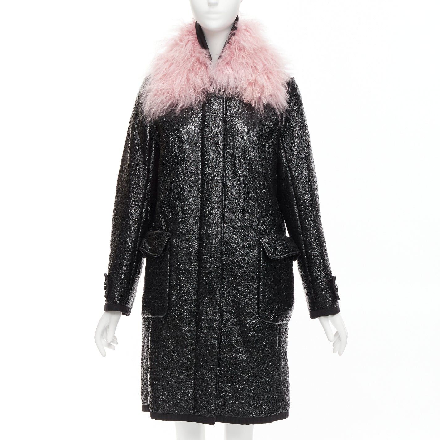 image of Moncler Pink Tibet Lamb Fur Black Patent Cotton Virgin Wool Blend Coat Sz1 M, Women's (Size Small)
