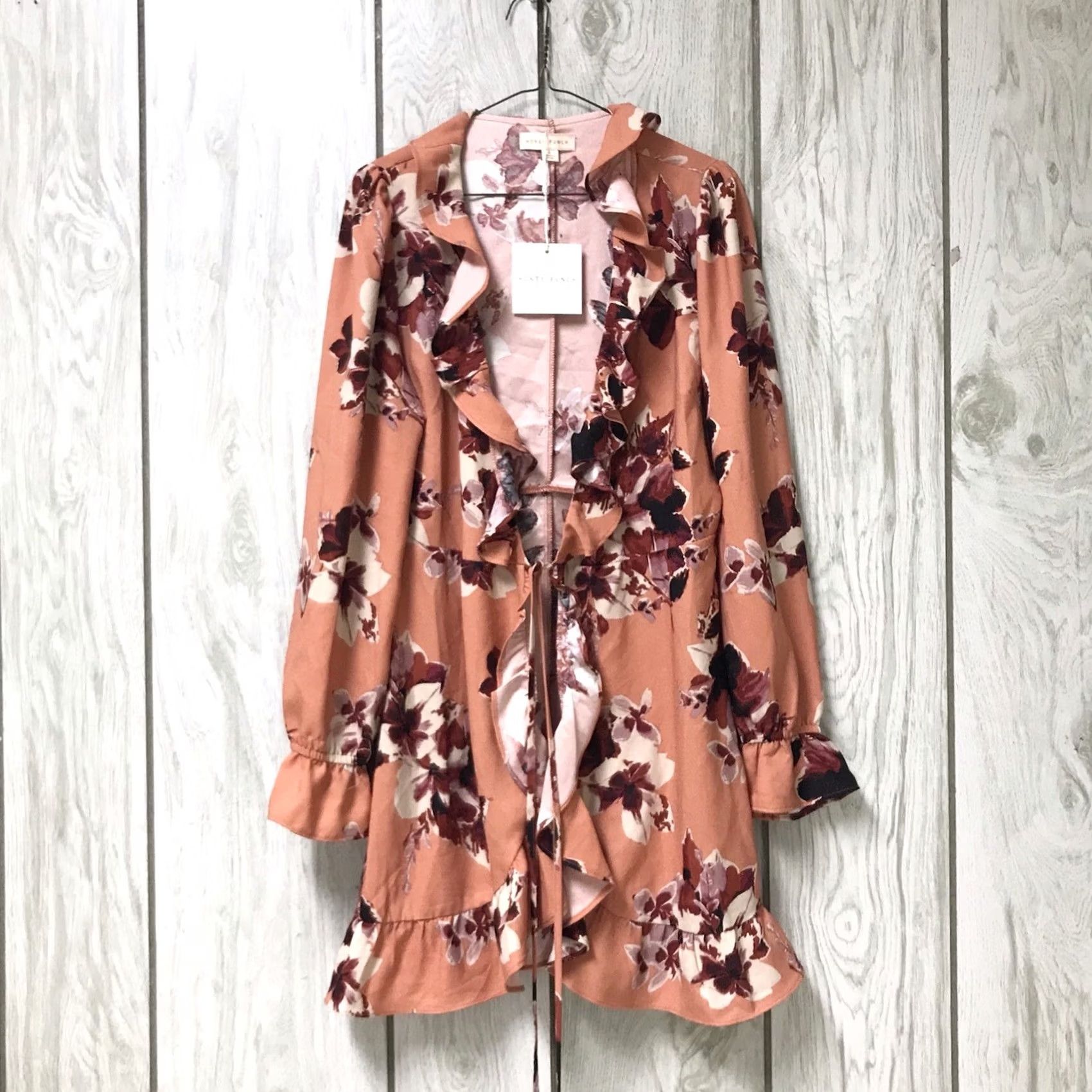 Vintage Honey Punch Women Salmon Hibiscus Floral Ruffled Tie Waist Duster Cardigan L Size L / US 10 / IT 46 - 2 Thumbnail