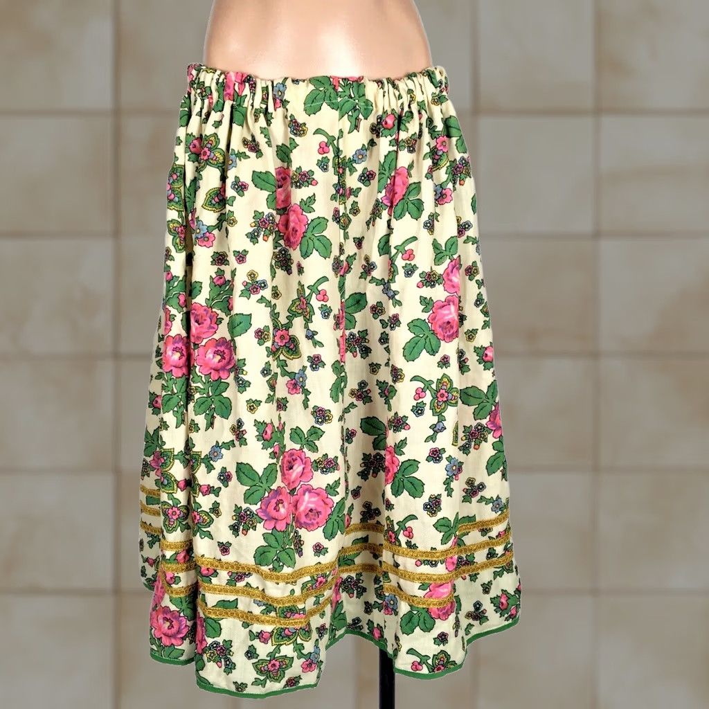 Vintage VINTAGE Hippie 70s Midi Skirt Green Floral Psychedelic Boho Adjustable Waist L Womens Size 36" / US 14 / IT 50 - 1 Thumbnail