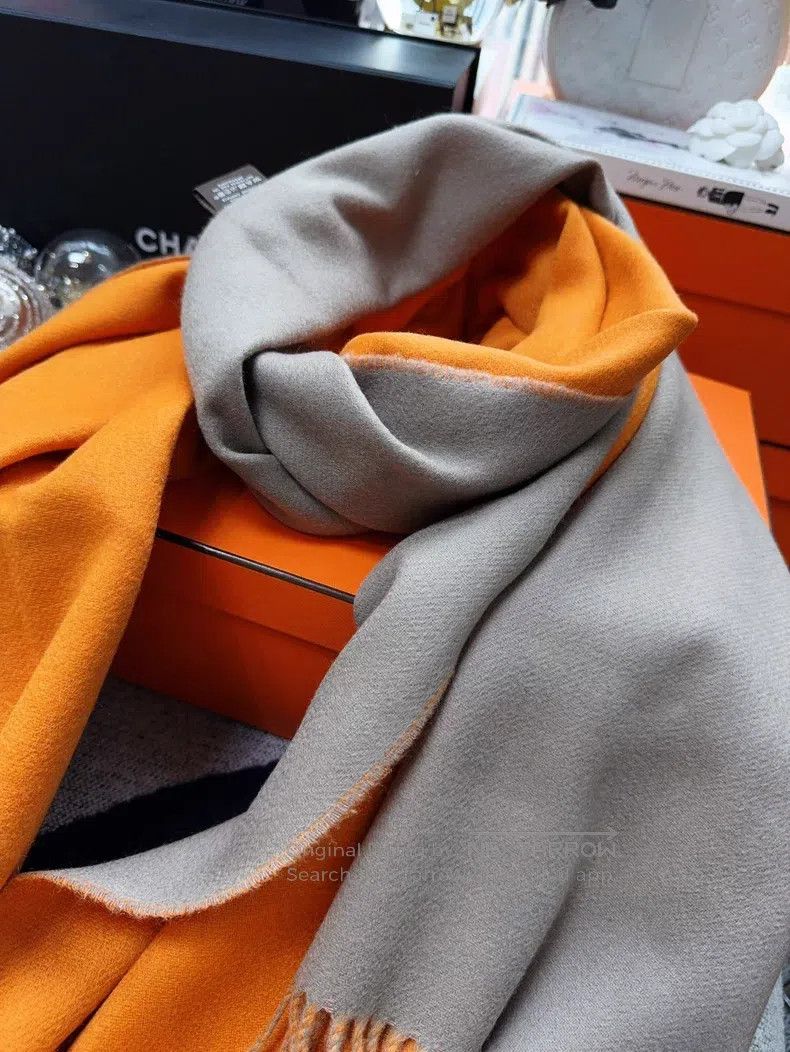 Hermes Hermes Grey Brown and Orange Dual-Sided Cashmere Scarf Size ONE SIZE - 5 Thumbnail