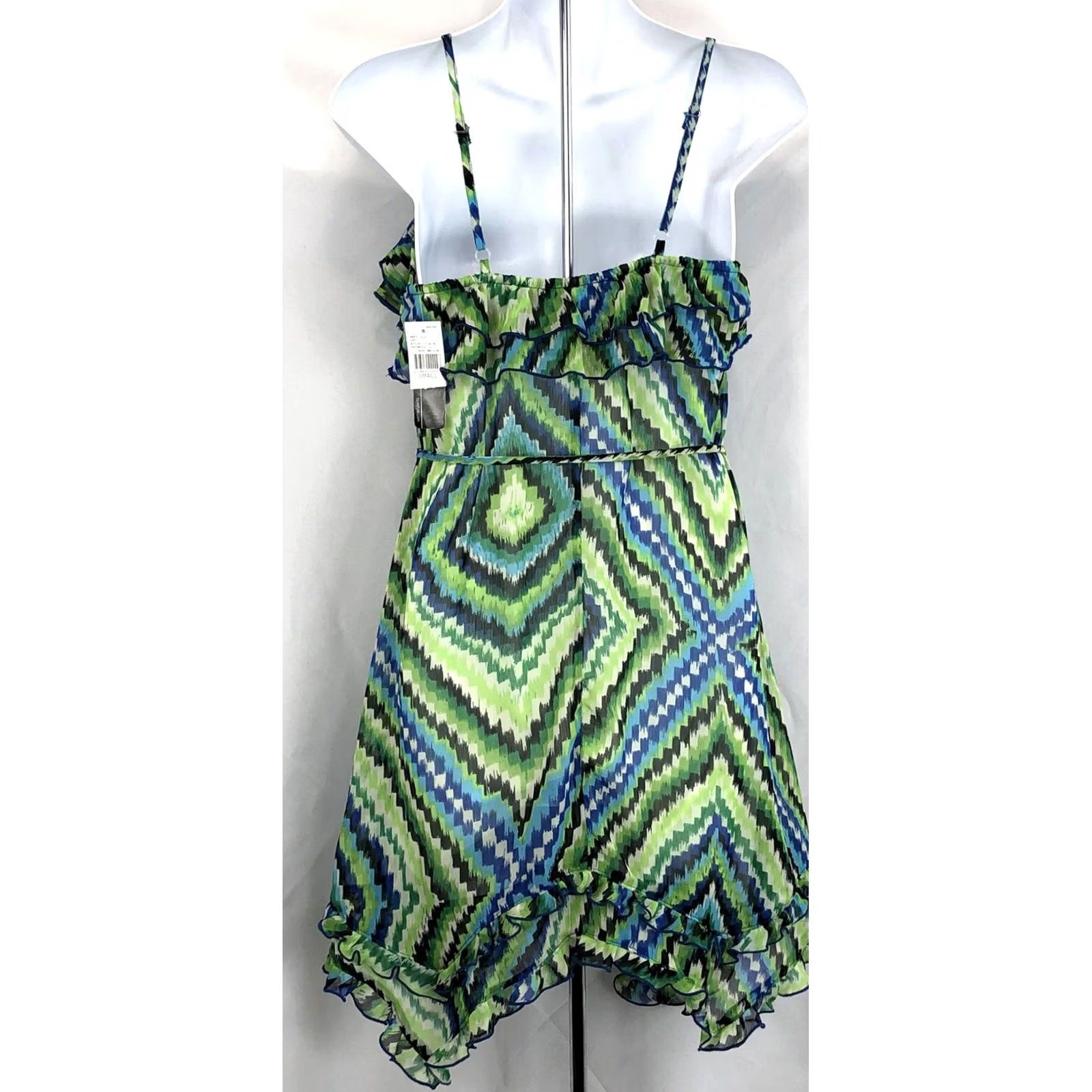Vintage BCX Dress Womens S Green NWT Sun Geo Abstract Tiered Ruffles Strappy Tie Back Size S / US 4 / IT 40 - 3 Thumbnail