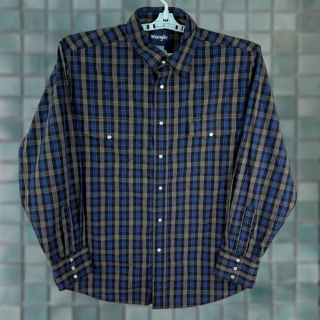Wrangler VINTAGE Wrangler Pearl Snap Check Shirt Mens XL Blue/Black Long Sleeve Size US XL / EU 56 / 4 - 1 Thumbnail