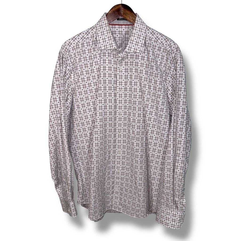BUGATCHI Bugatchi Uomo Gray Check Classic-Fit Dress Shirt XL 17.5 Size US XL / EU 56 / 4 - 1 Thumbnail