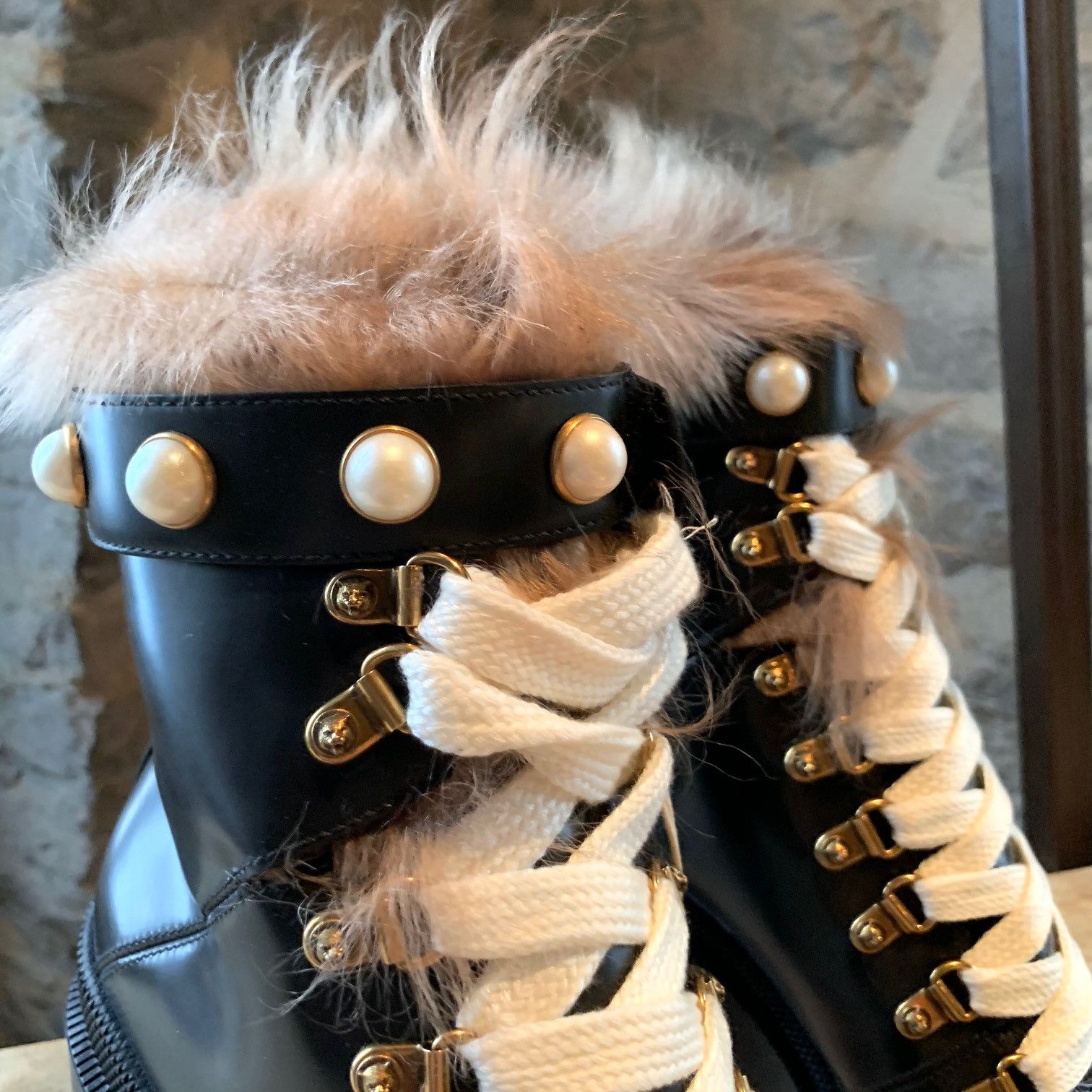 Gucci Gucci Black Leather Trip Heeled Fur Pearl Boots Size US 8 / IT 38 - 5 Thumbnail