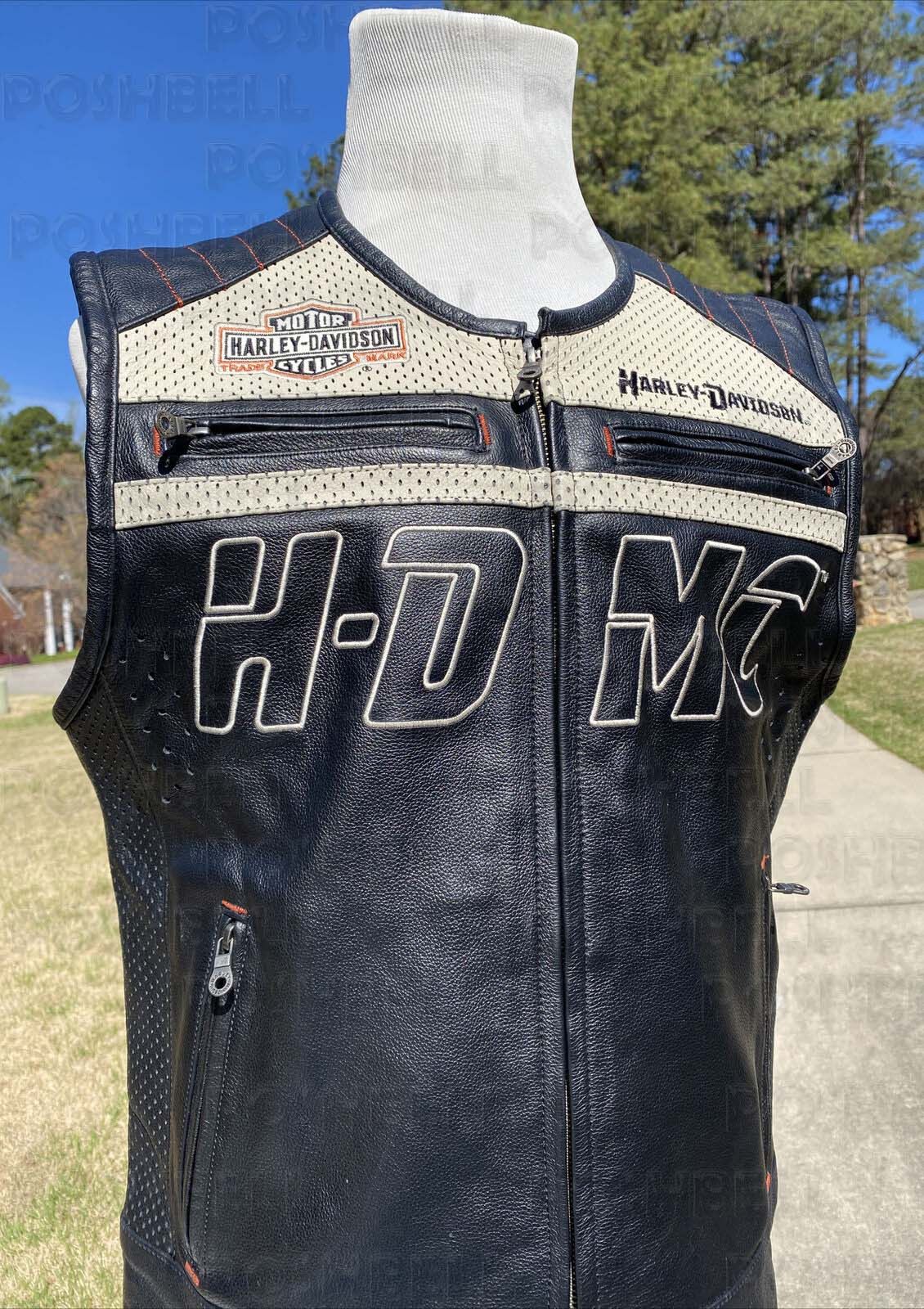 image of Harley Davidson Leather Vest 4Vm, White Genuine Biker Vest S, Men's (Size Small)