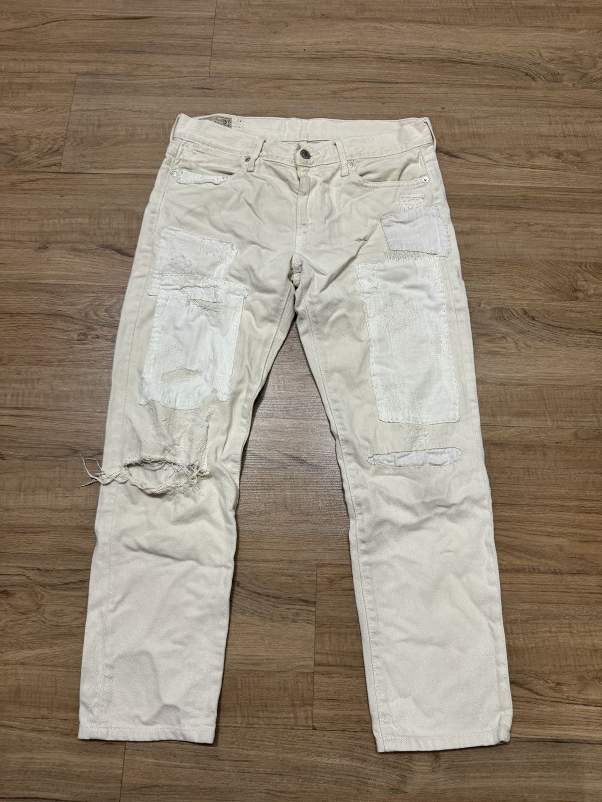 image of Polo Ralph Laurent Distress Patchworks Jeans in White, Women's (Size 31)