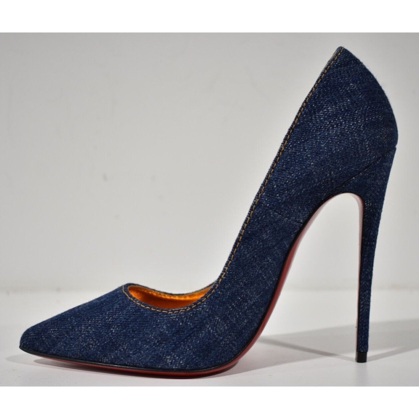 Christian Louboutin So Kate 120 Blue Denim Saba Gold Stiletto Heel Pump 38 Size US 8 / IT 38 - 8 Thumbnail