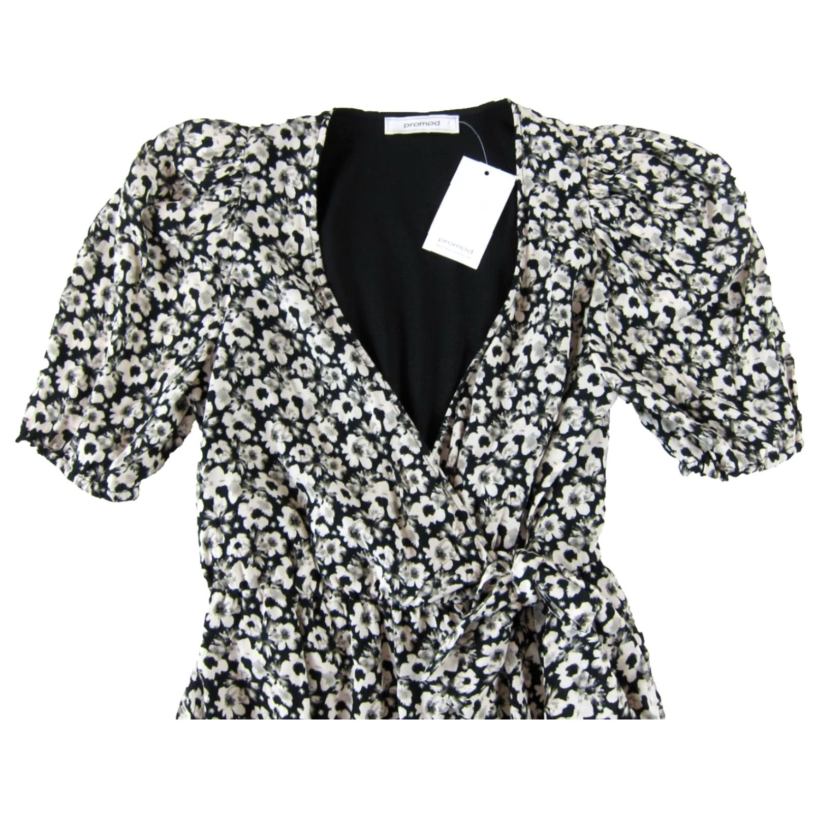 Vintage Promod Dress Womens Wrap Dress Short Sleeve Floral NWT Black White Sun V-Neck Lined Short Sun Dress Women Small Size 27" / US 4 / IT 40 - 4 Thumbnail