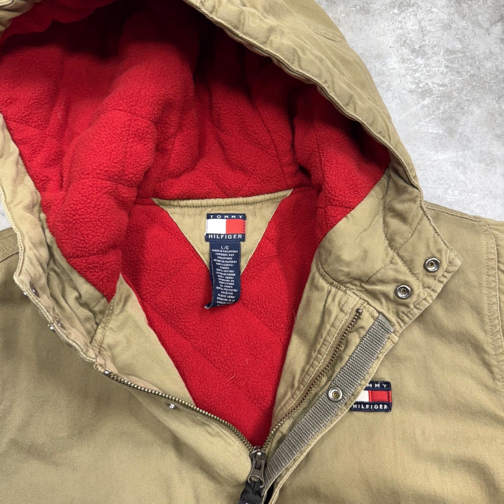 Tommy Hilfiger VINTAGE Tommy Hilfiger Coat Mens Large Beige Canvas Hooded Fleece Parka 90s Size US L / EU 52-54 / 3 - 3 Thumbnail
