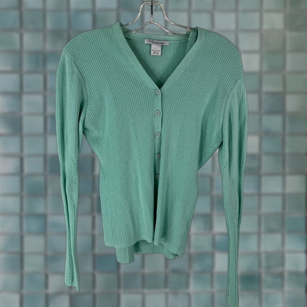 Vintage Guess Collection Cardigan Women Large Turquoise Blue 100% Cotton Knit Sweater Solid Button V-Neck Casual Womens Size L / US 10 / IT 46 - 1 Thumbnail