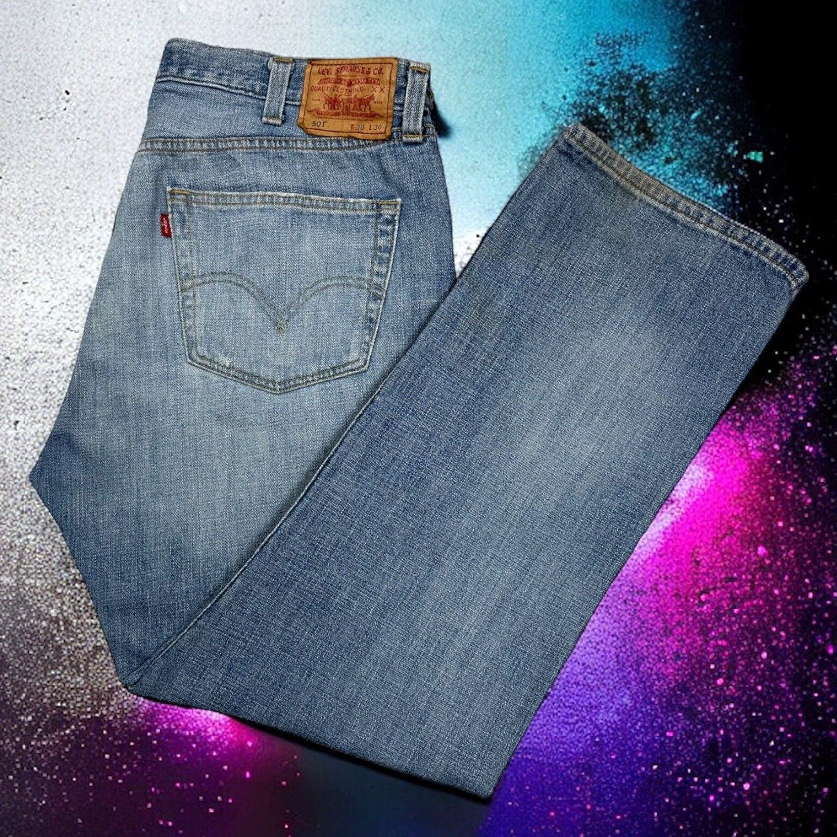 VINTAGE Levi's 501 Mens Straight Leg Jeans 38x30 Light Blue Distressed Denim 90s