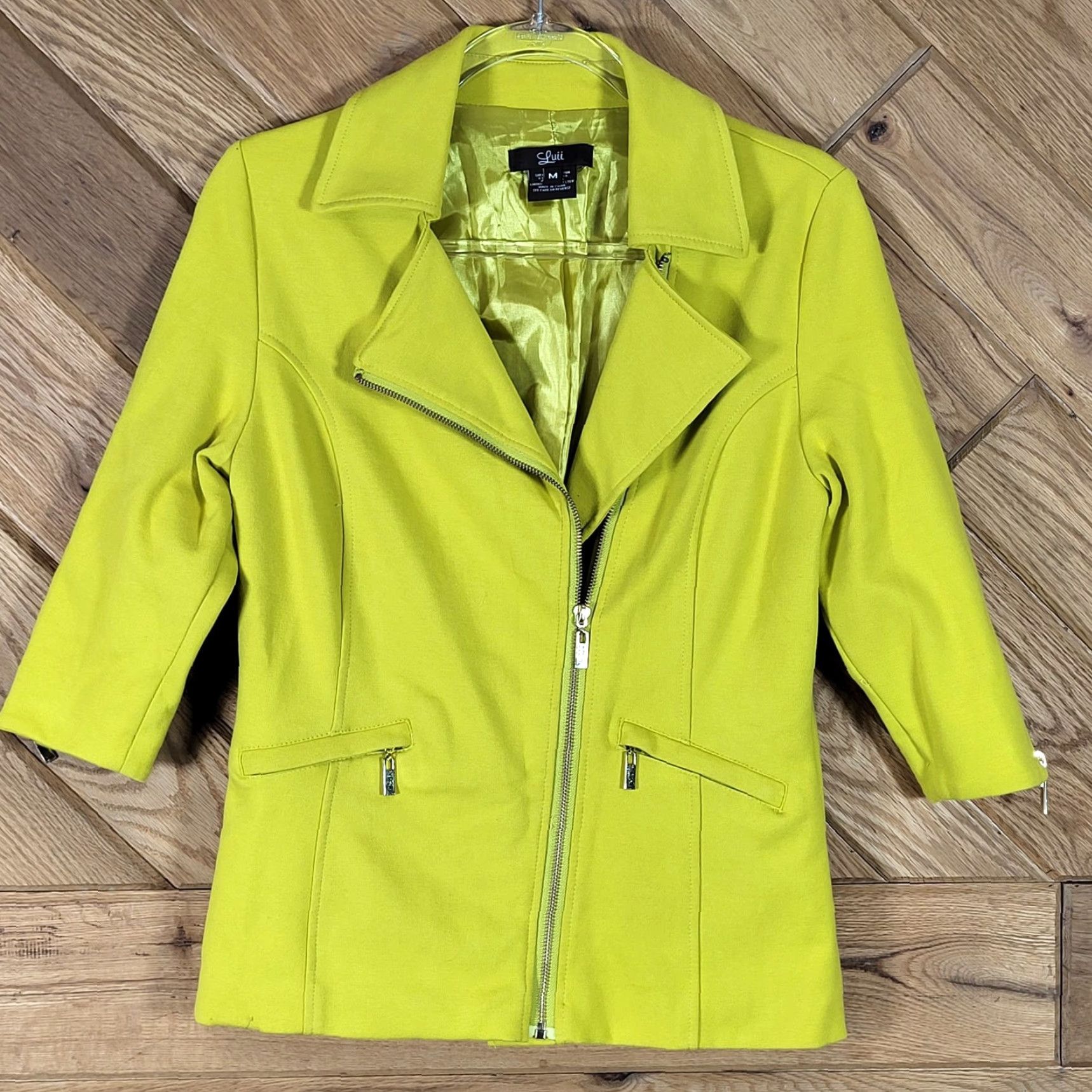 Vintage Luii Lime Green Asymmetrical Zip Jacket M Regular Women Pockets Lined 3/4 Sleeves Cotton Blend Front Zip Short Coat/Casual Basic Jacket Size M / US 6-8 / IT 42-44 - 2 Thumbnail