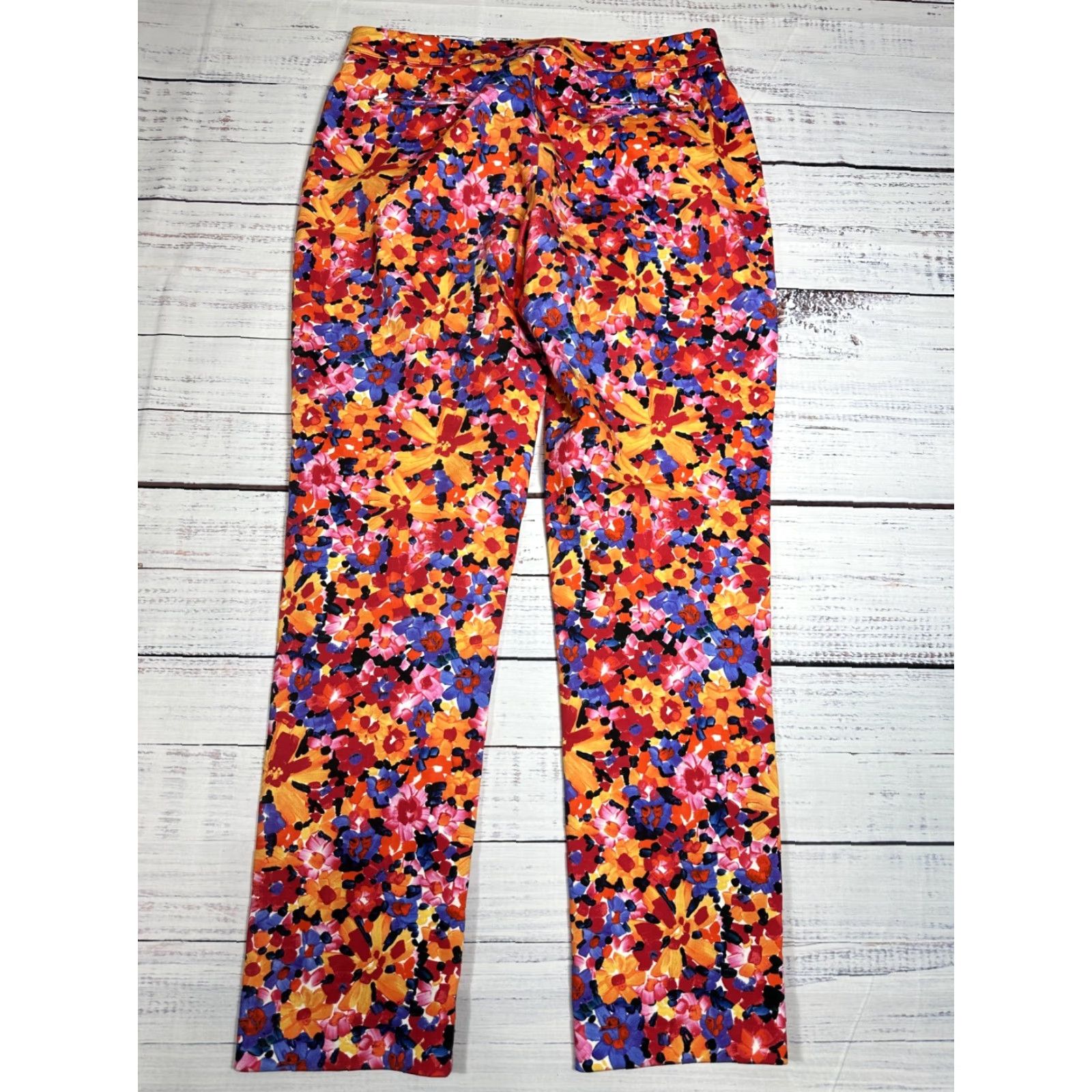 Vintage Tyler Boe Women's Floral Pants Straight Leg Casual Party Sz 4 Red Orange Cotton Blend Inseam 28.5in Womens Size 27" / US 4 / IT 40 - 3 Thumbnail