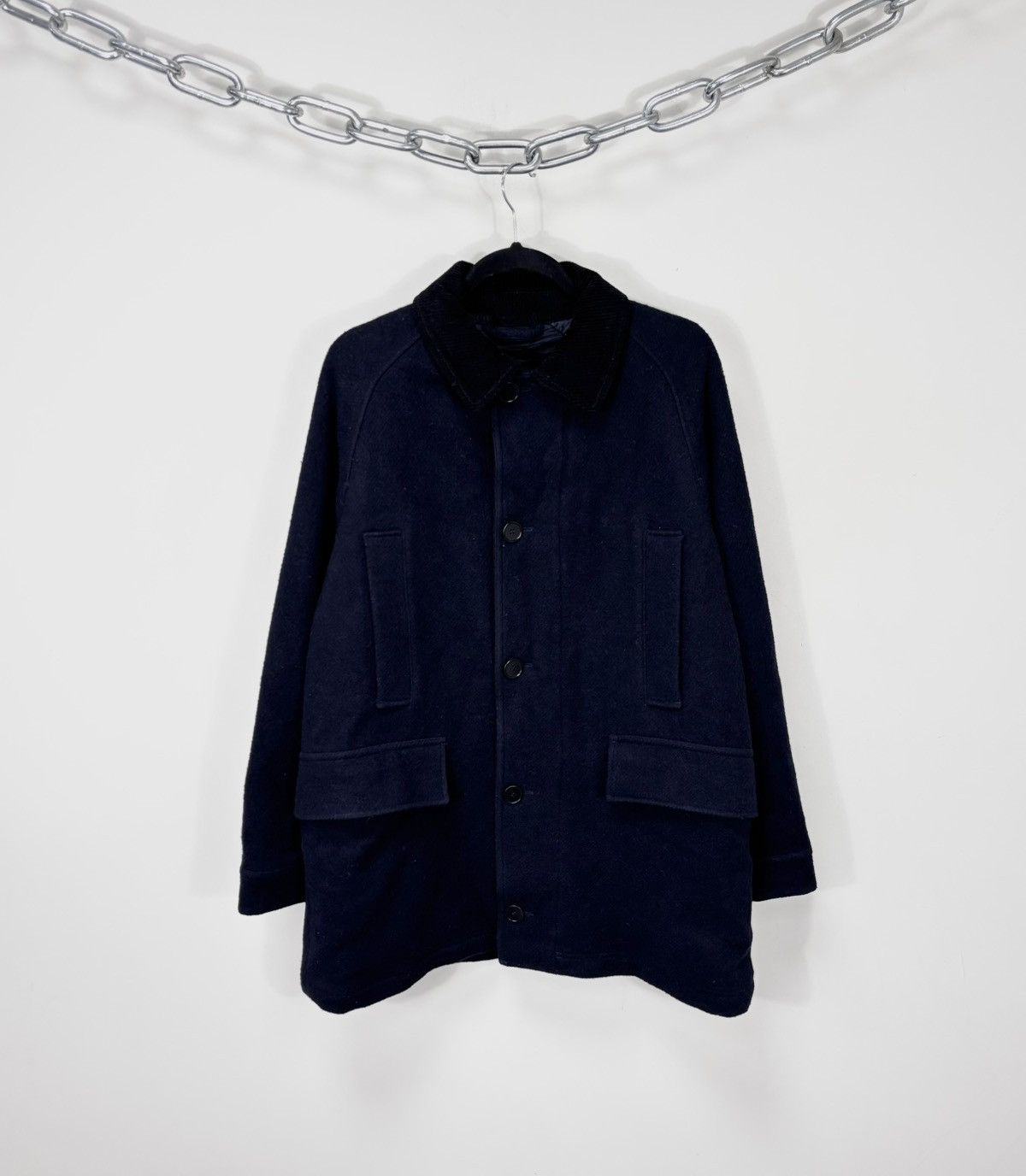 Arket Men’s Navy Blue Wool Car Coat Corduroy Collar